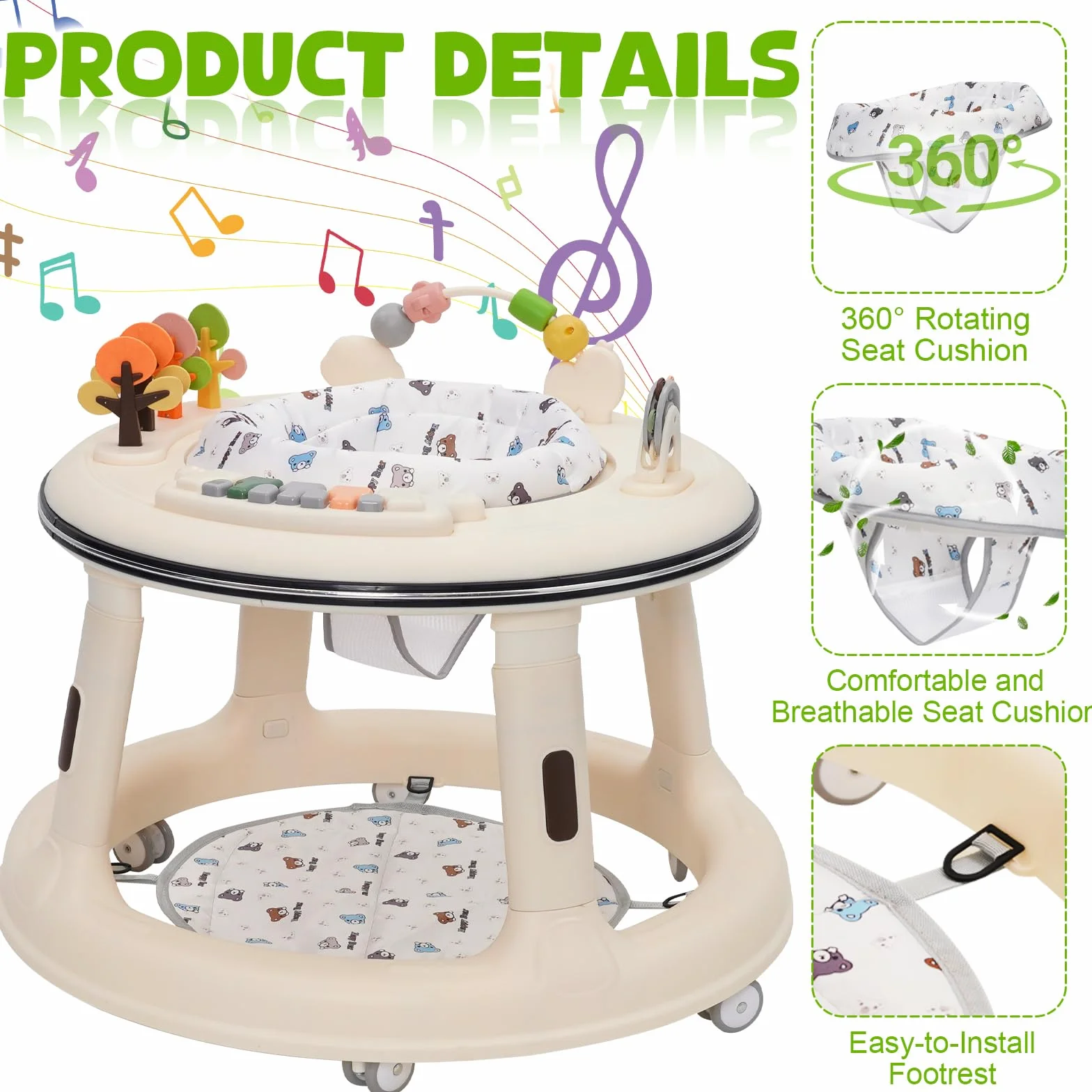 Trotteur Bébé Réglable en Hauteur avec Siège Pivotant 360°, Babywalker Roues Silencieuses, Plateau Activités Musical Amovible, Anti-renversement 9-18 Mois