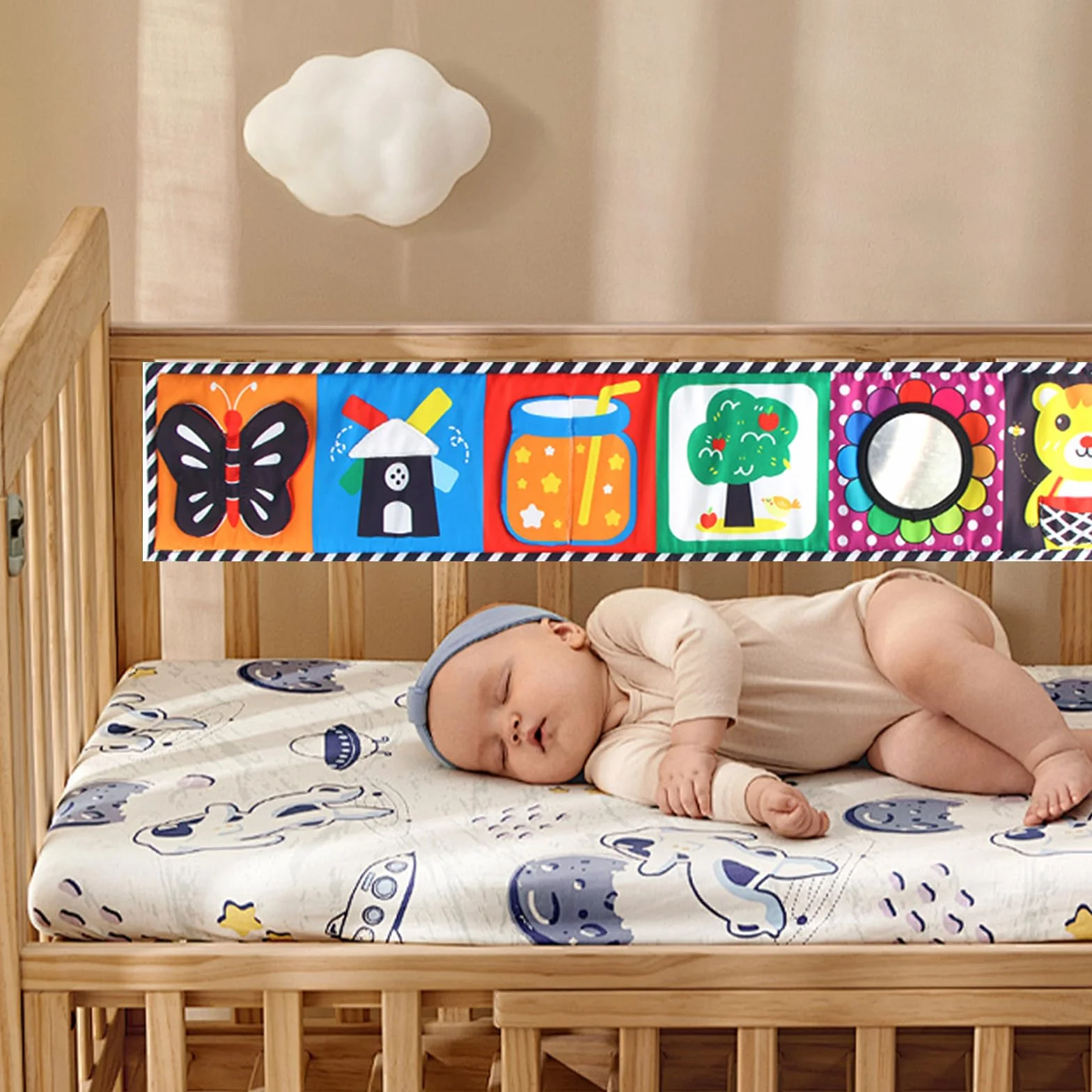 Livre Tissu Bébé 0-3-6 Mois Haute Contraste Sensoriel Noir et Blanc Pliable Réutilisable