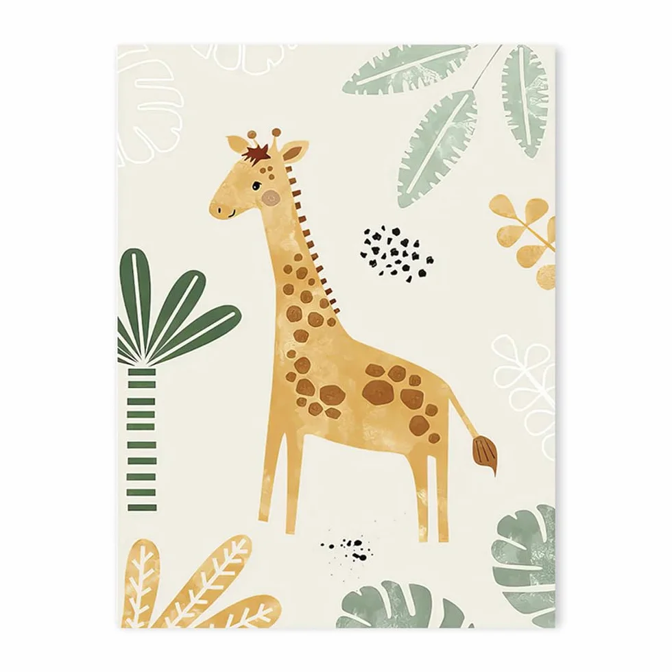 Affiches Animaux Jungle Lion Girafe Zebre Tableau Savane Deco Chambre Bebe Garcon Vert Beige Poster 30x40 sans Cadre