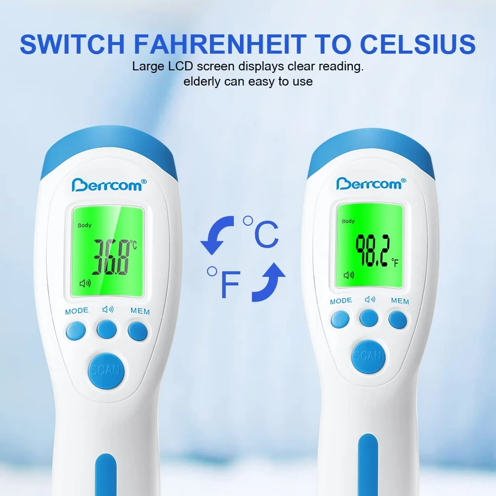 Berrcom Thermomètre infrarouge frontal sans contact avec alarme fièvre 3 couleurs °C/°F