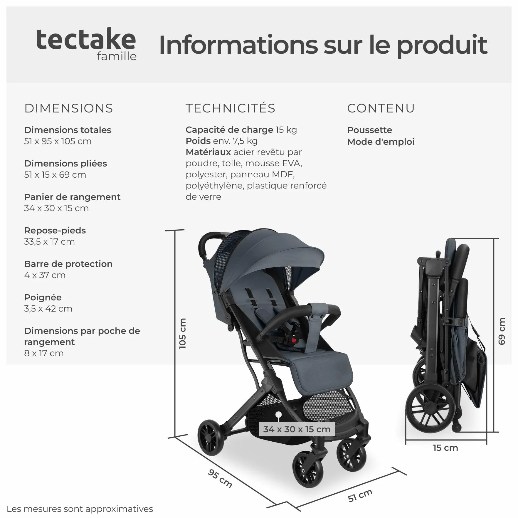 Tectake Poussette compacte pliable 0-36 mois avec panier rangement harnais 5 points légère voyage bébé