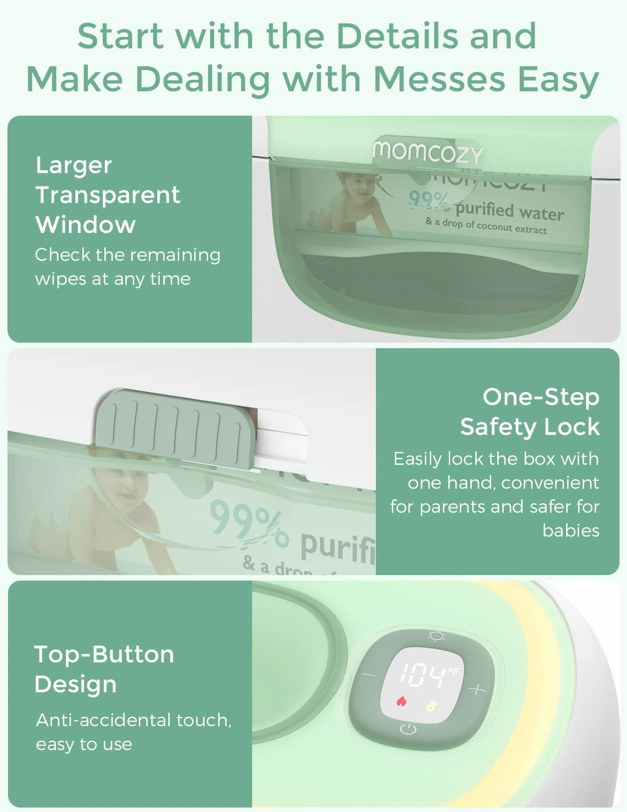 Momcozy Lot de 100 distributeurs de lingettes pour bébé, chauffage rapide 10 min, 4 modes température, design ressort silicone