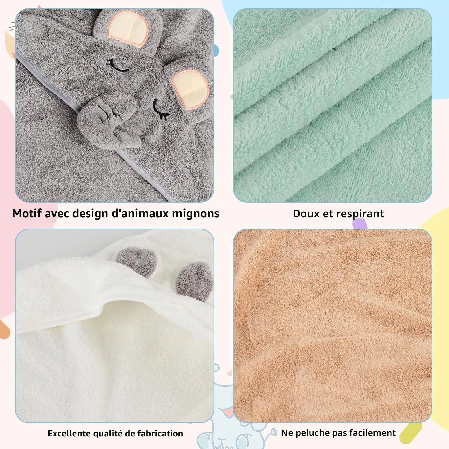 Cape de Bain Bébé 4 Pièces Serviette à Capuche Super Absorbante