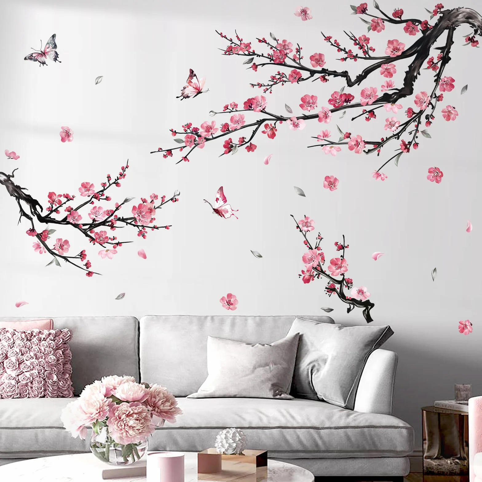 Decalmile Stickers Muraux Branche de Fleurs Rose Autocollant Mural Décoration Murale Chambre Enfants Salon