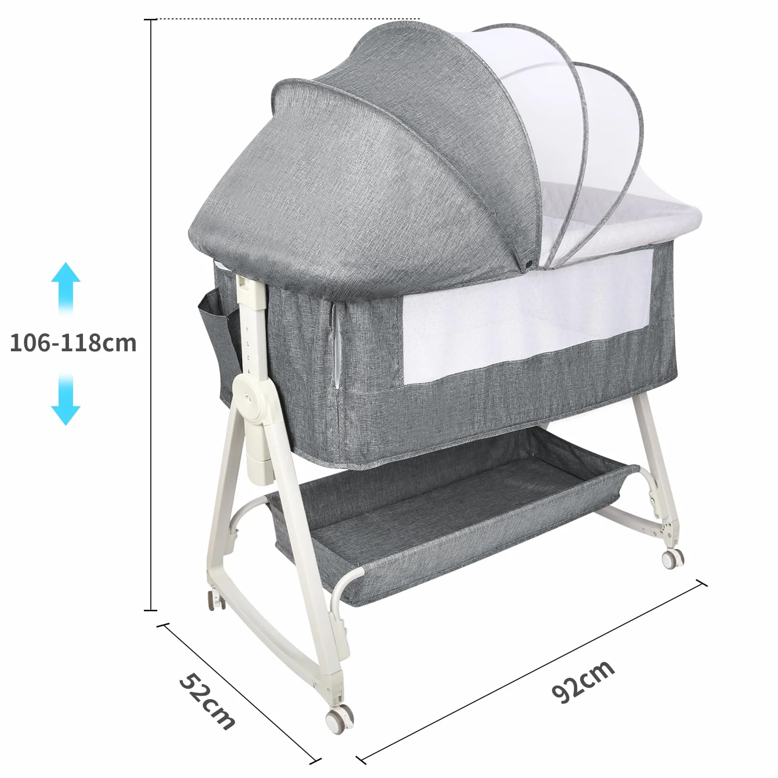 HUOLE 3 in 1 Berceau Cododo avec Matelas et Moustiquaire, lit bébé Portable avec roulettes, 92x52x106-118 cm Gris Lin