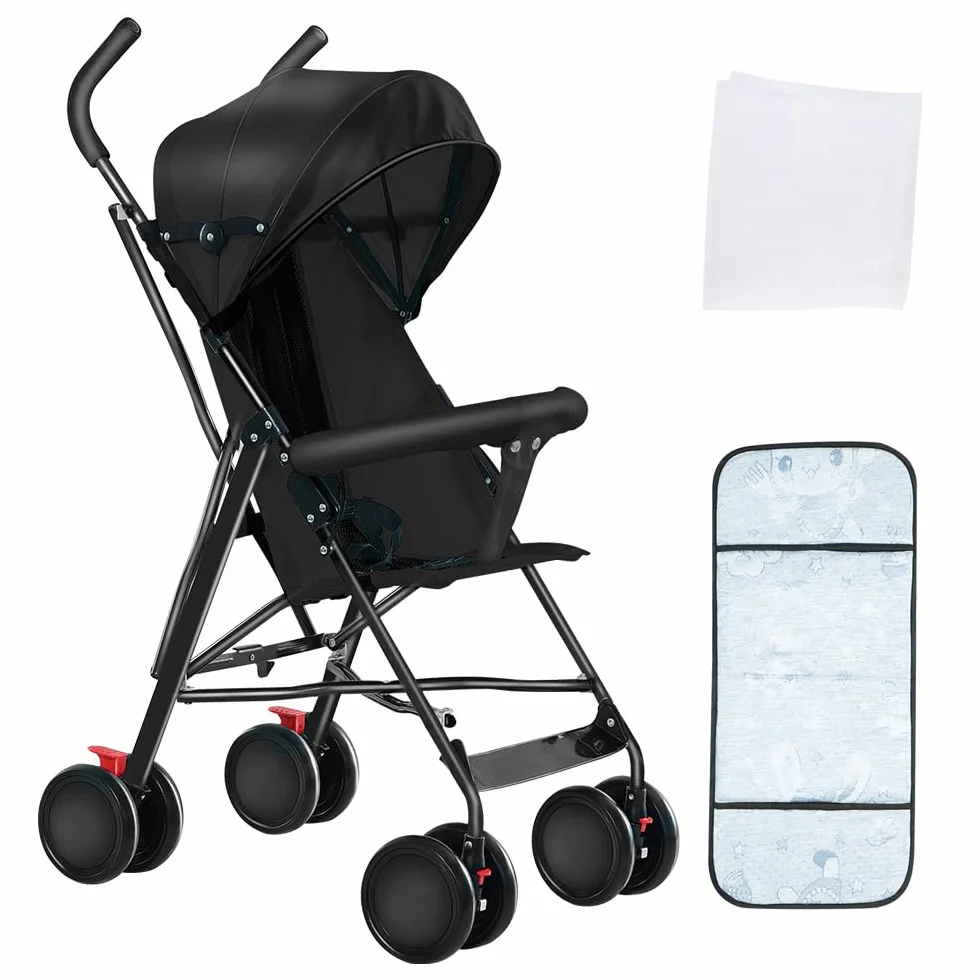 Poussette Canne Ultra Légère Compacte Pliable Inclinable Naissance à 25 kg avec Système Trolley Housse de Pluie Capote Extensible Noir