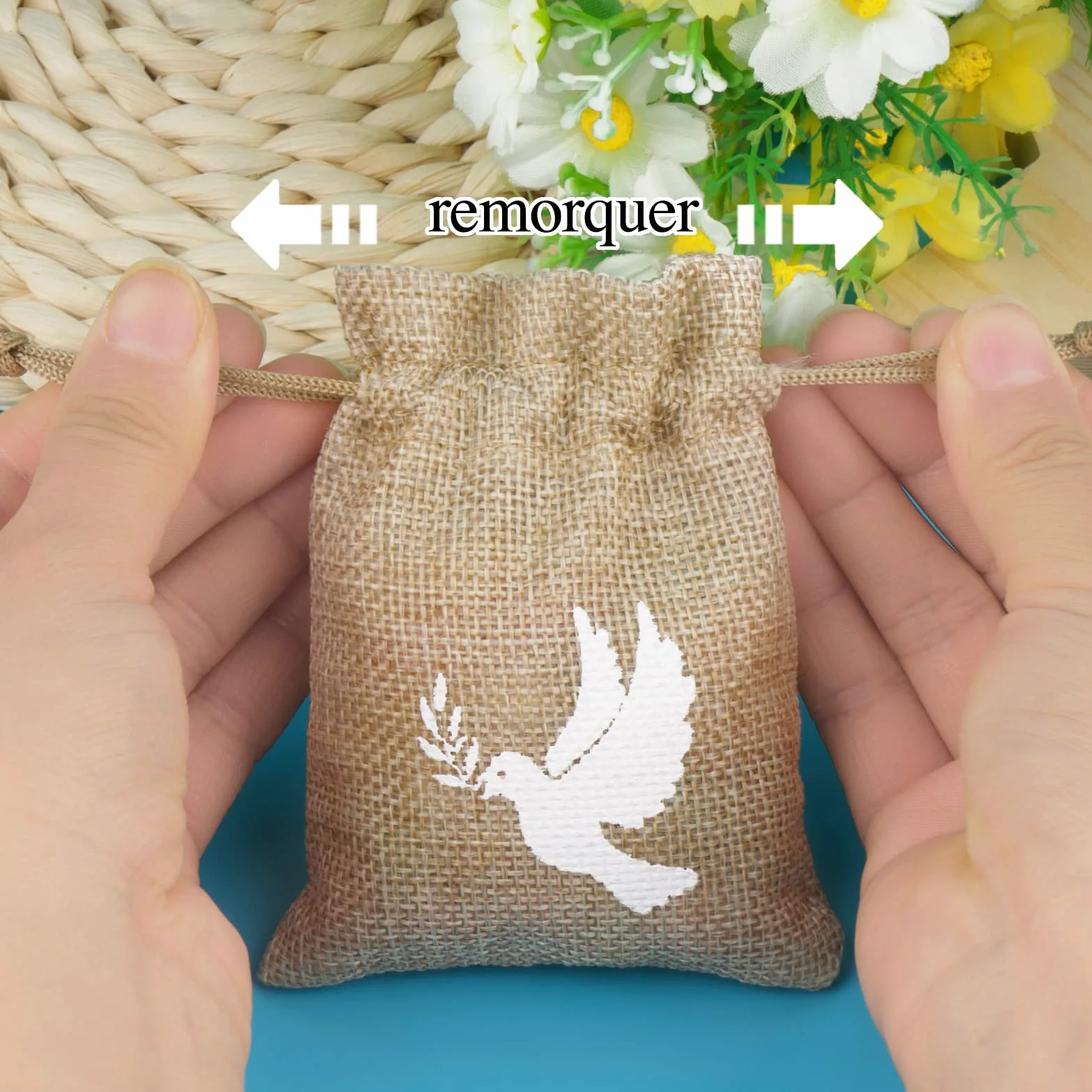 Sachet Jute Baptême Pochette Dragée Motif Colombe 10x8cm Cadeau Invité Décoration