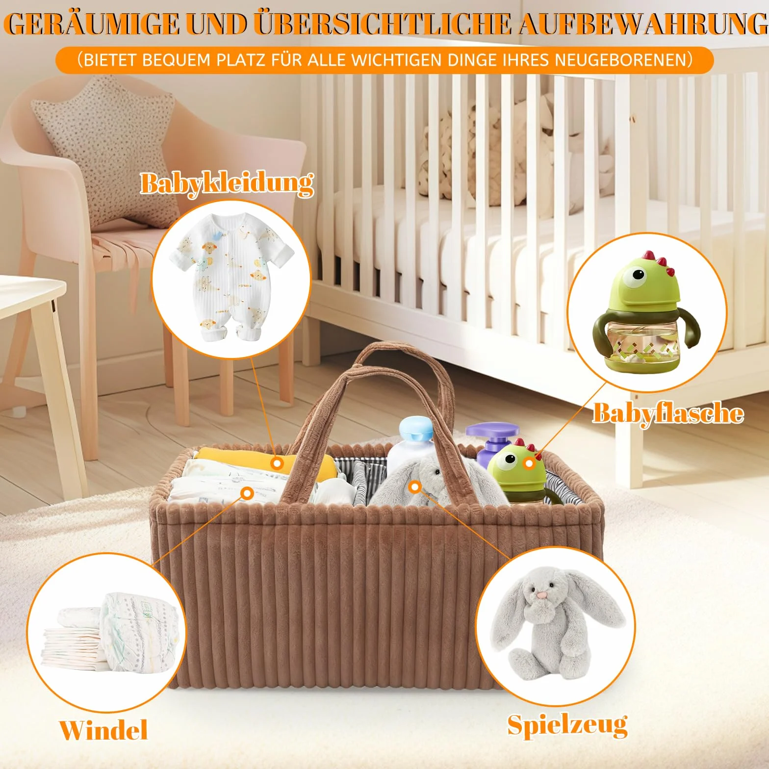 Organiseur de table à langer bébé panier velours côtelé marron foncé