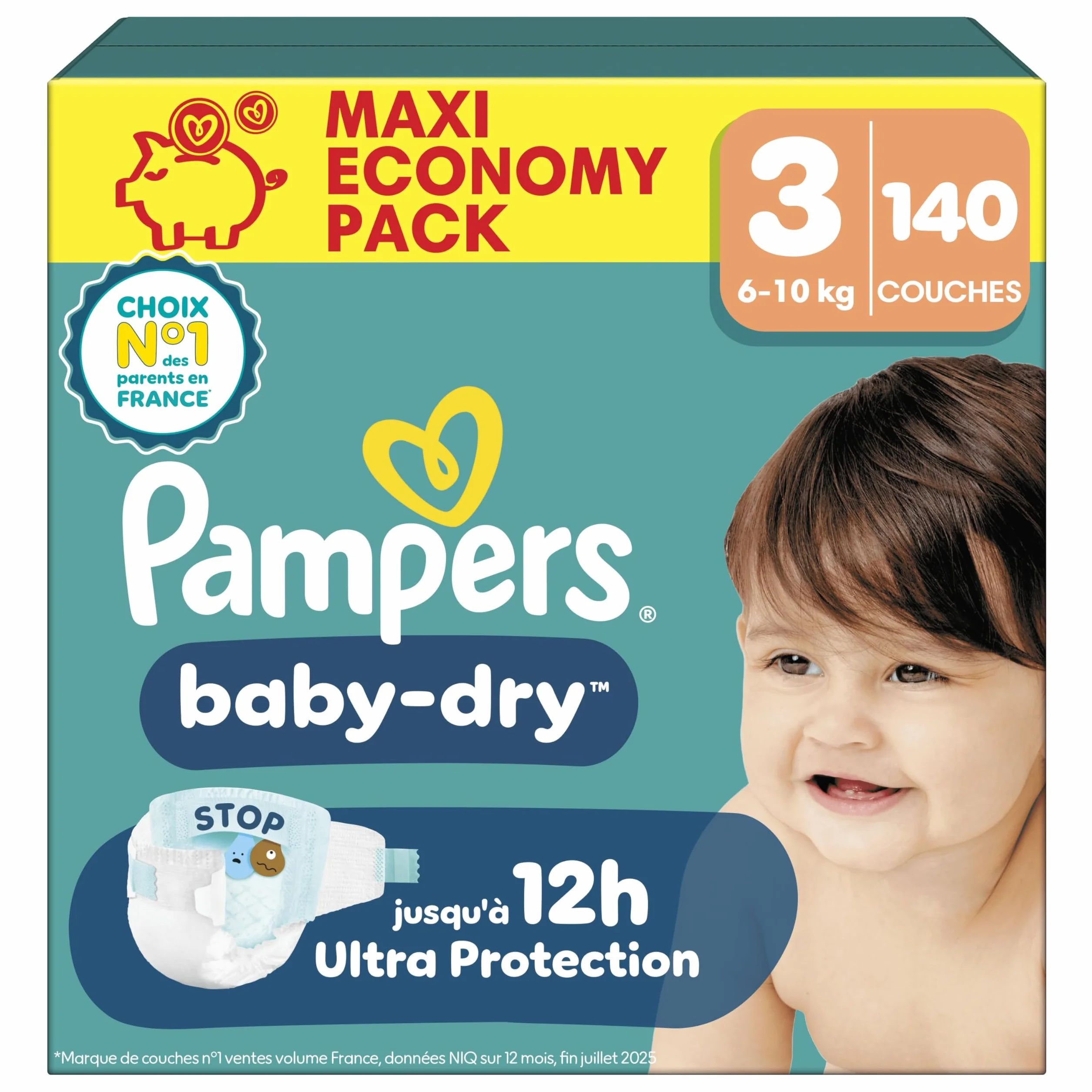 Pampers Baby-Dry Taille 3 140 Couches 6kg-10kg Nuit Confortable Sans Fuites