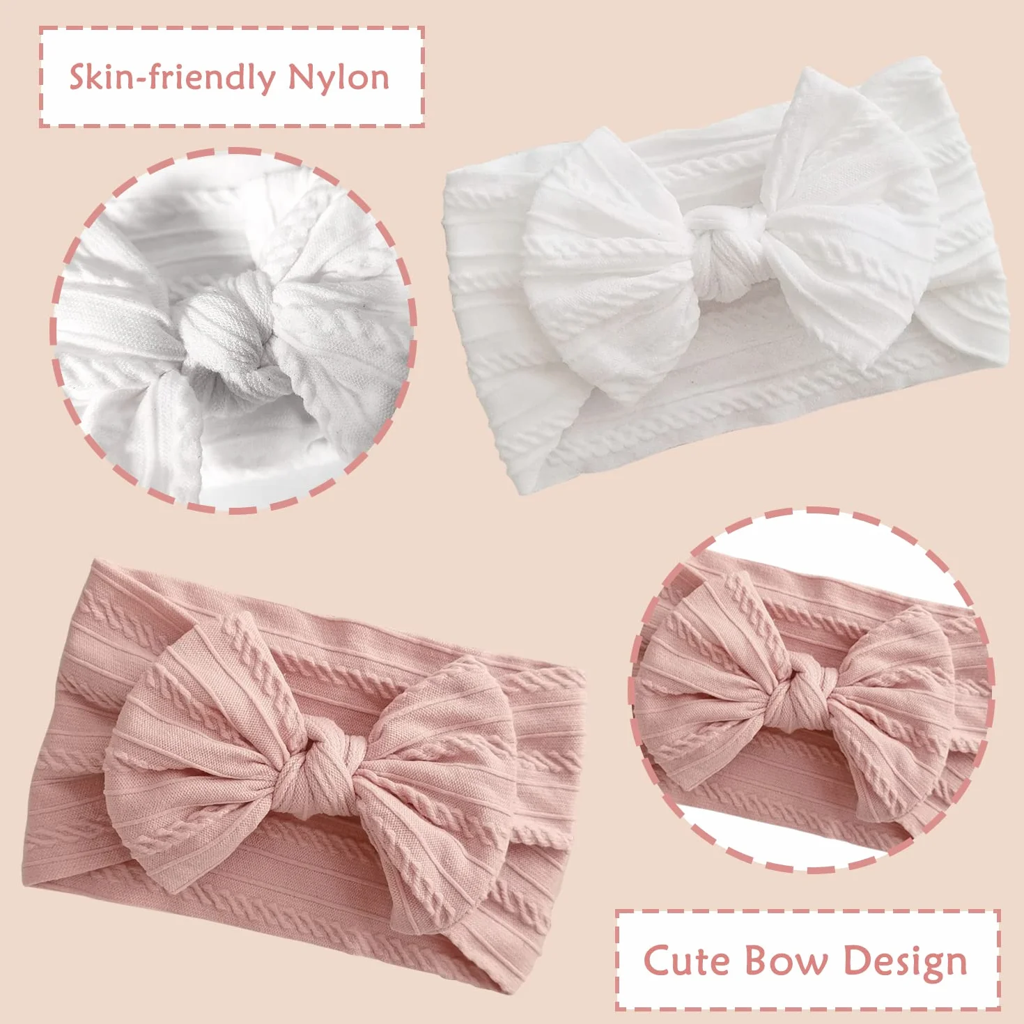 Bandeau Turban Bébé Fille Nylon Élastique Souple Rose Blanc 2 Pièces
