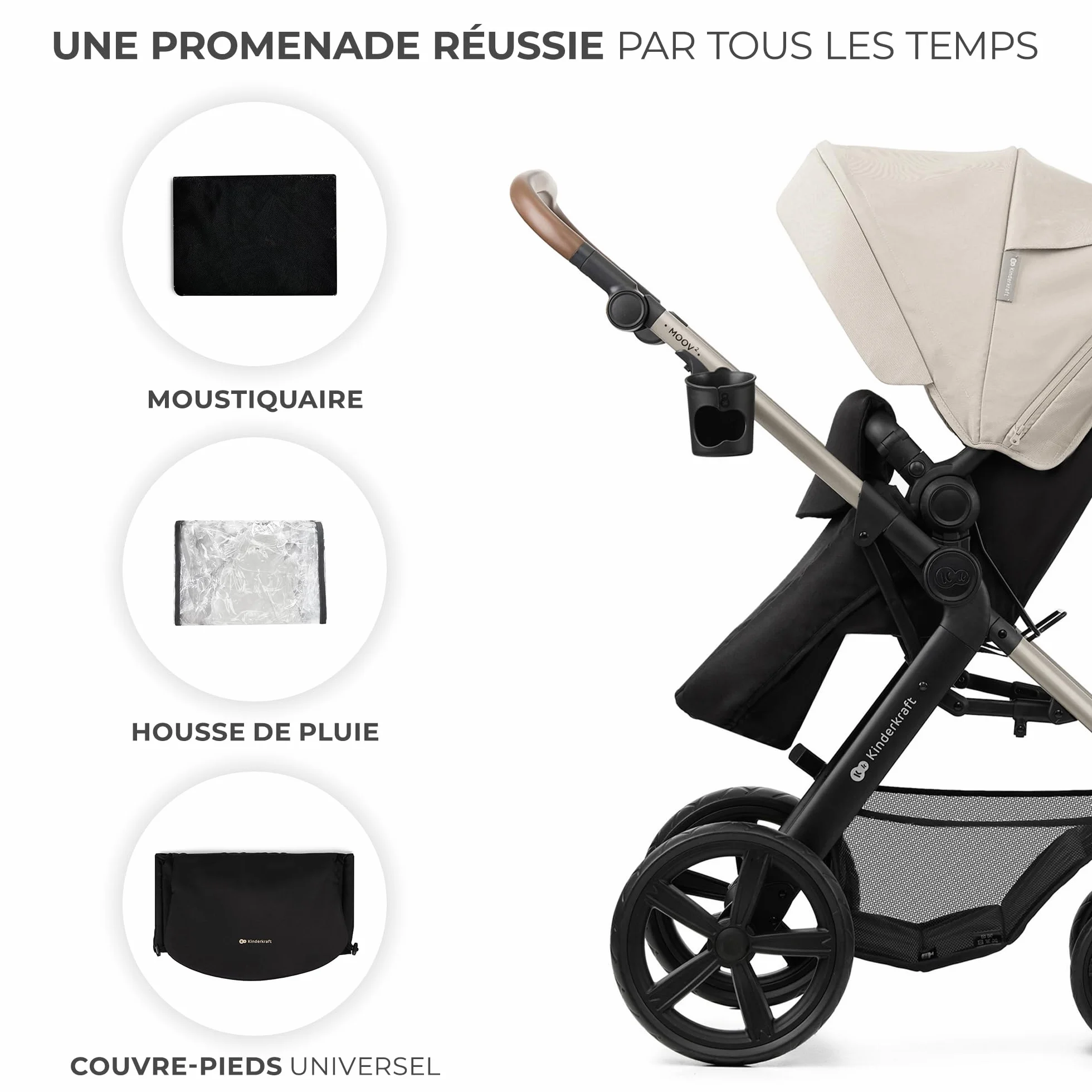 Kinderkraft MOOV 2 Poussette 3 en 1 Travel System avec nacelle 2-en-1 siège auto i-Size Gris