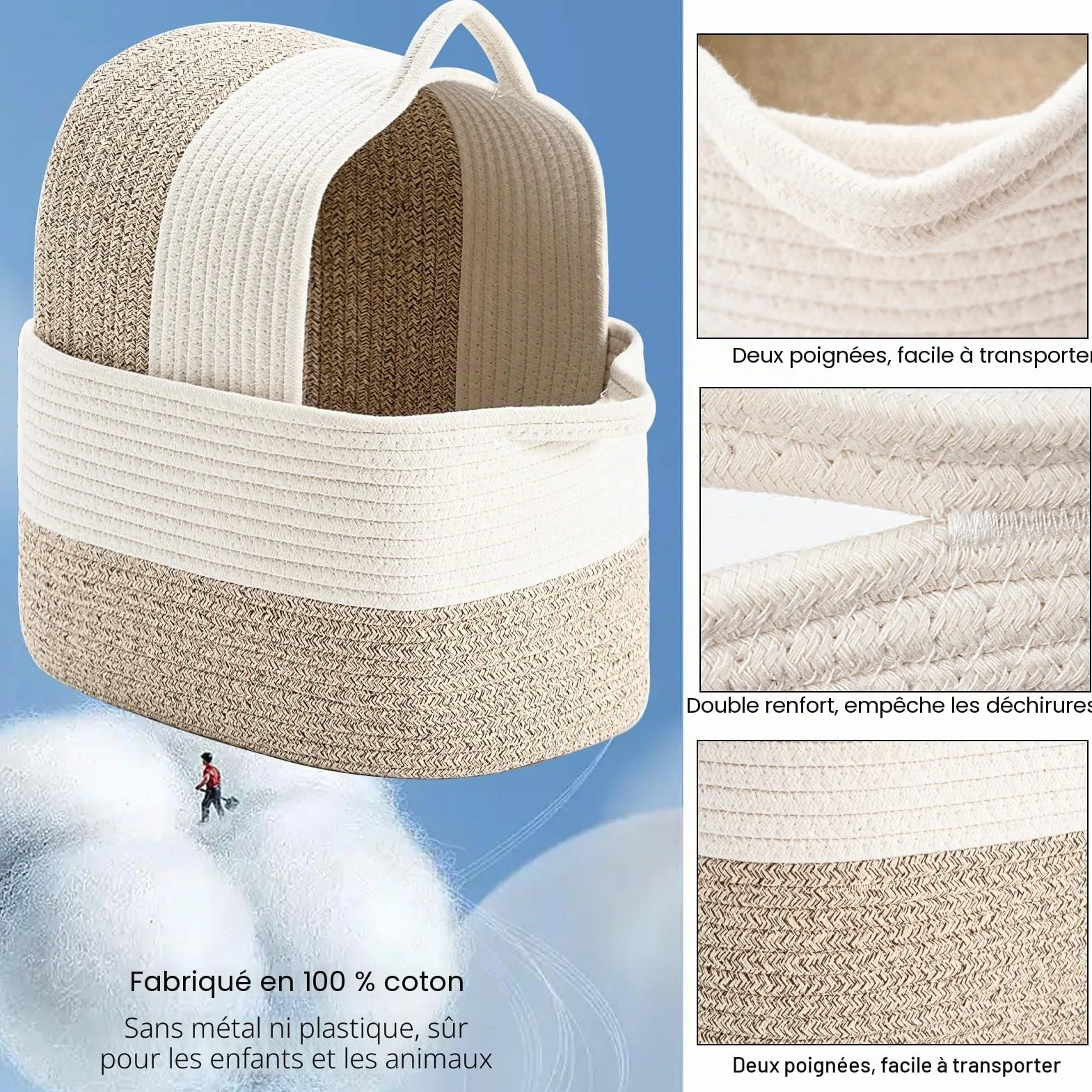 Lot de 3 paniers de rangement tissés en corde de coton 38 x 25 x 22 cm
