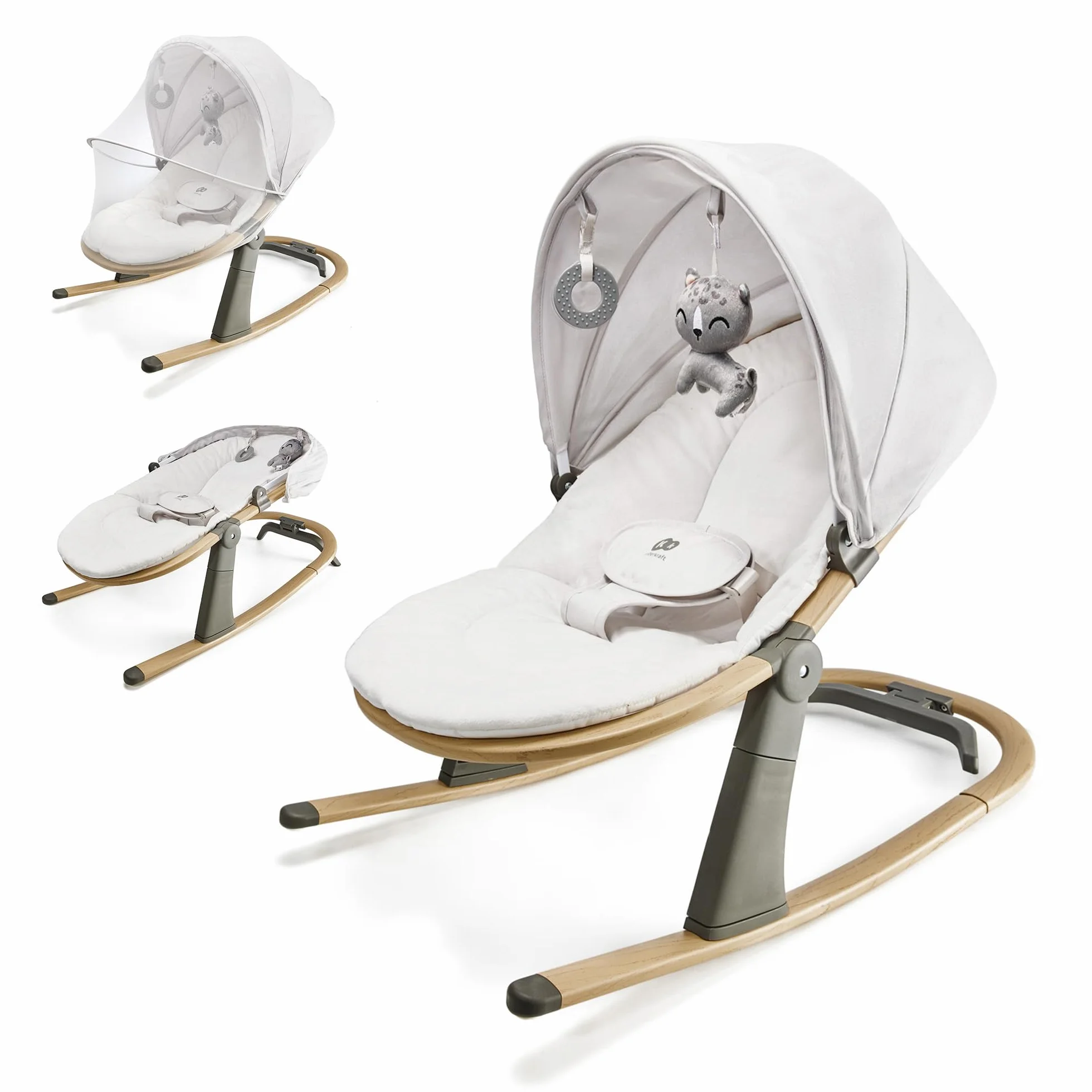 Kinderkraft ELSU Transat Bébé 2en1 évolutif 0-9kg Balancelle Moustiquaire Jouets Pliable Gris