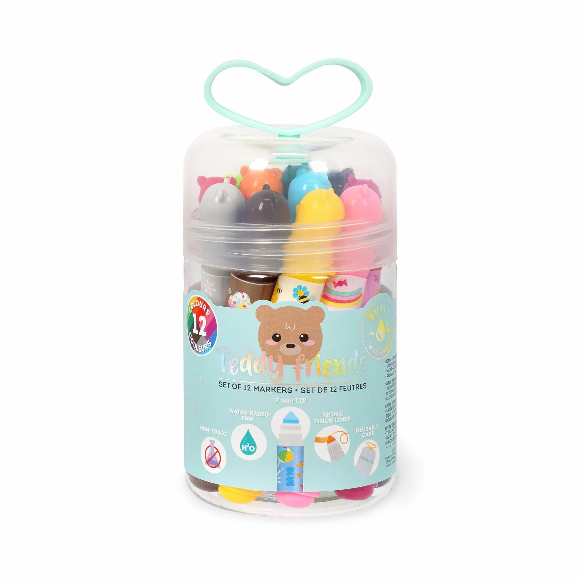 LEGAMI Lot de 12 feutres Teddy Friends lavables non toxiques pointe anti-retour traits fins et larges emballage réutilisable