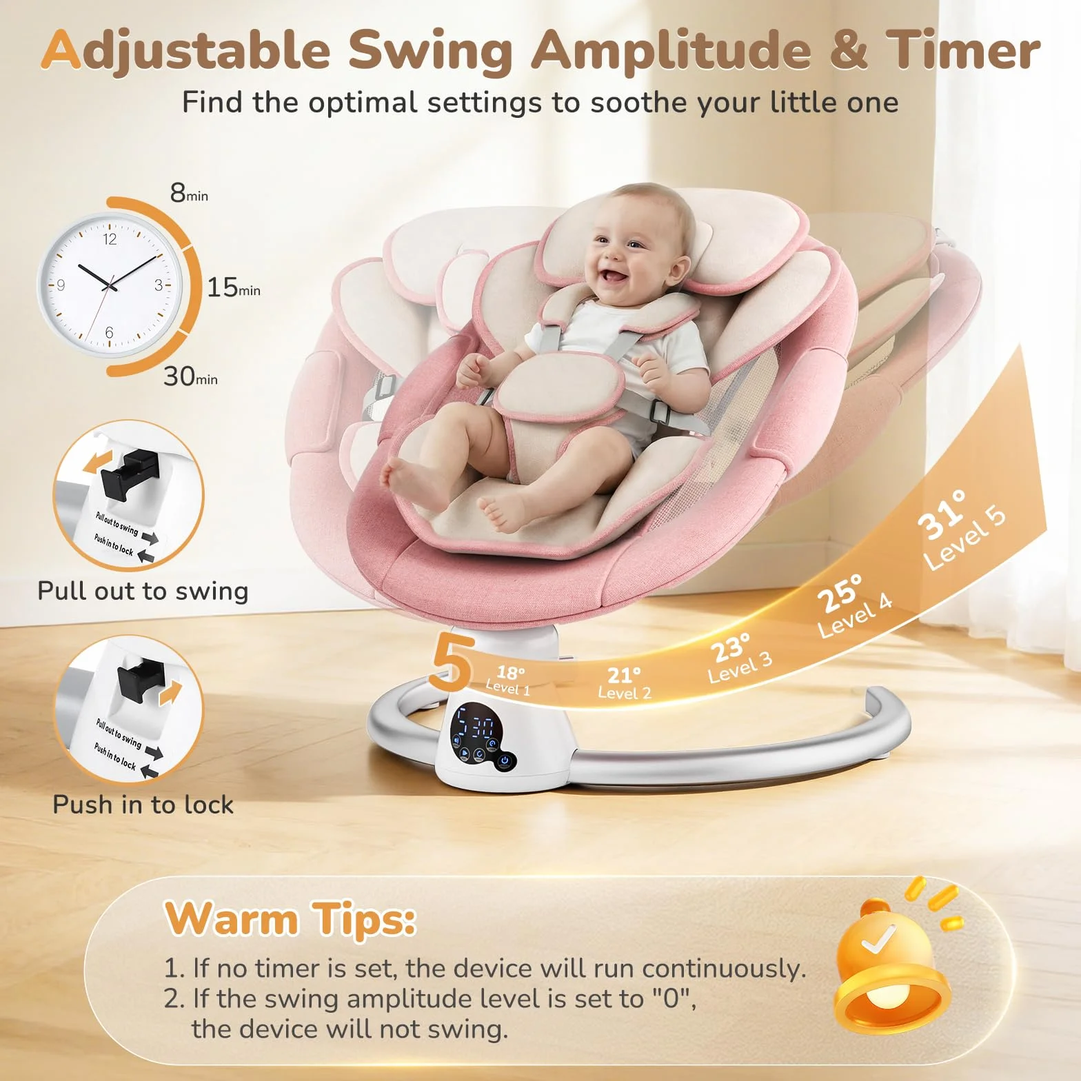Balançoire Électrique pour Bébé Transat avec Dossier Réglable 2 Niveaux, Bluetooth, 12 Sons, Télécommande, 2 Alimentations (Rosa)