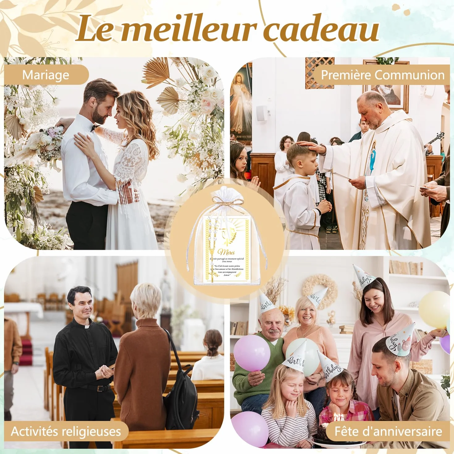 Chapelet en Acrylique Lot 12 Perles Carte Merci Sac Organza Cadeau Baptême Communion Mariage