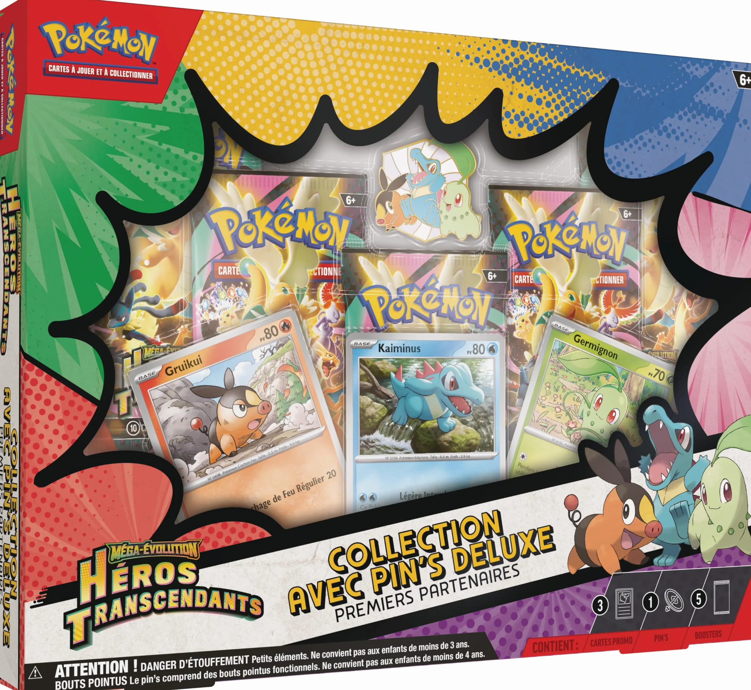 Pokémon Collection Deluxe Premiers Partenaires Méga-Évolution Héros Transcendants 3 Cartes Promo Brillantes 1 Pin's Deluxe 5 Boosters