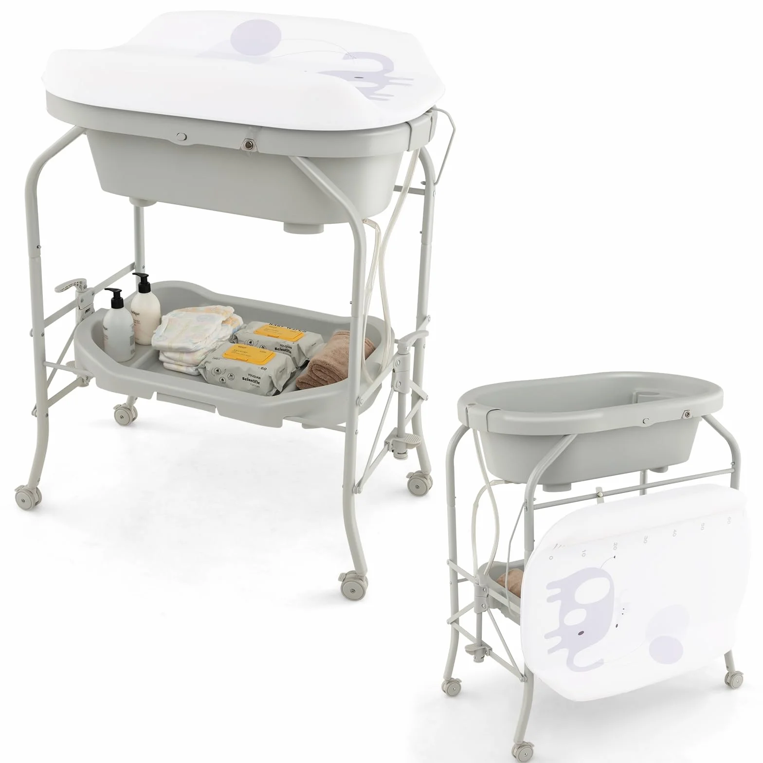 LIFEZEAL Table à Langer Baignoire Pliable PP+PVC, Commode à Langer Bébé avec Etagère de Rangement et Roues Universelles, Tube de Fer, Charge de 35 kg, 0-12 mois (Gris clair)