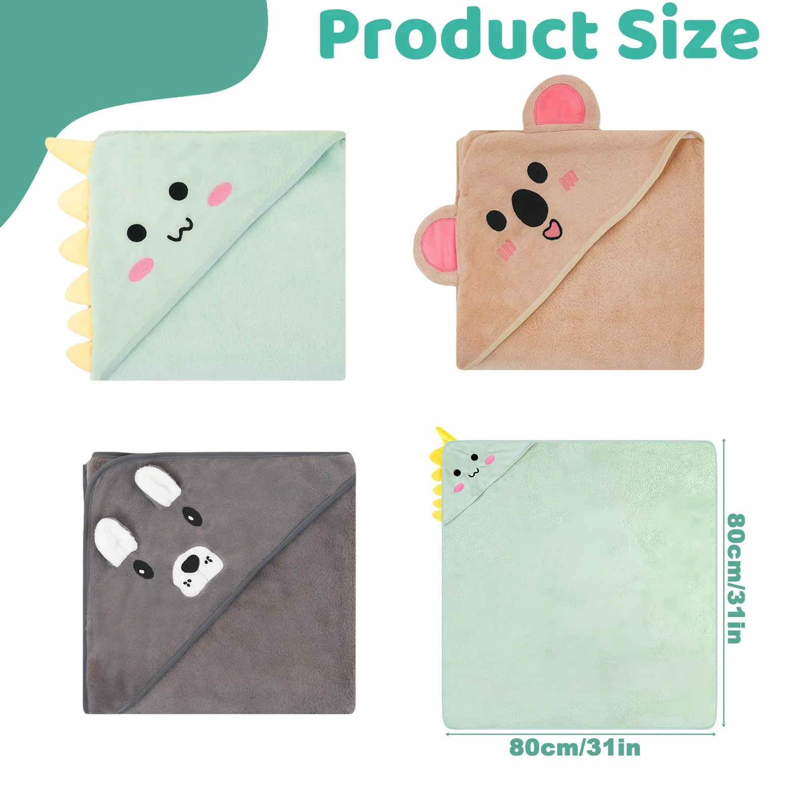 Serviettes à capuche pour bébés 80 x 80 cm, lot de 3, douces pour nouveau-nés, cyan, gris foncé, café