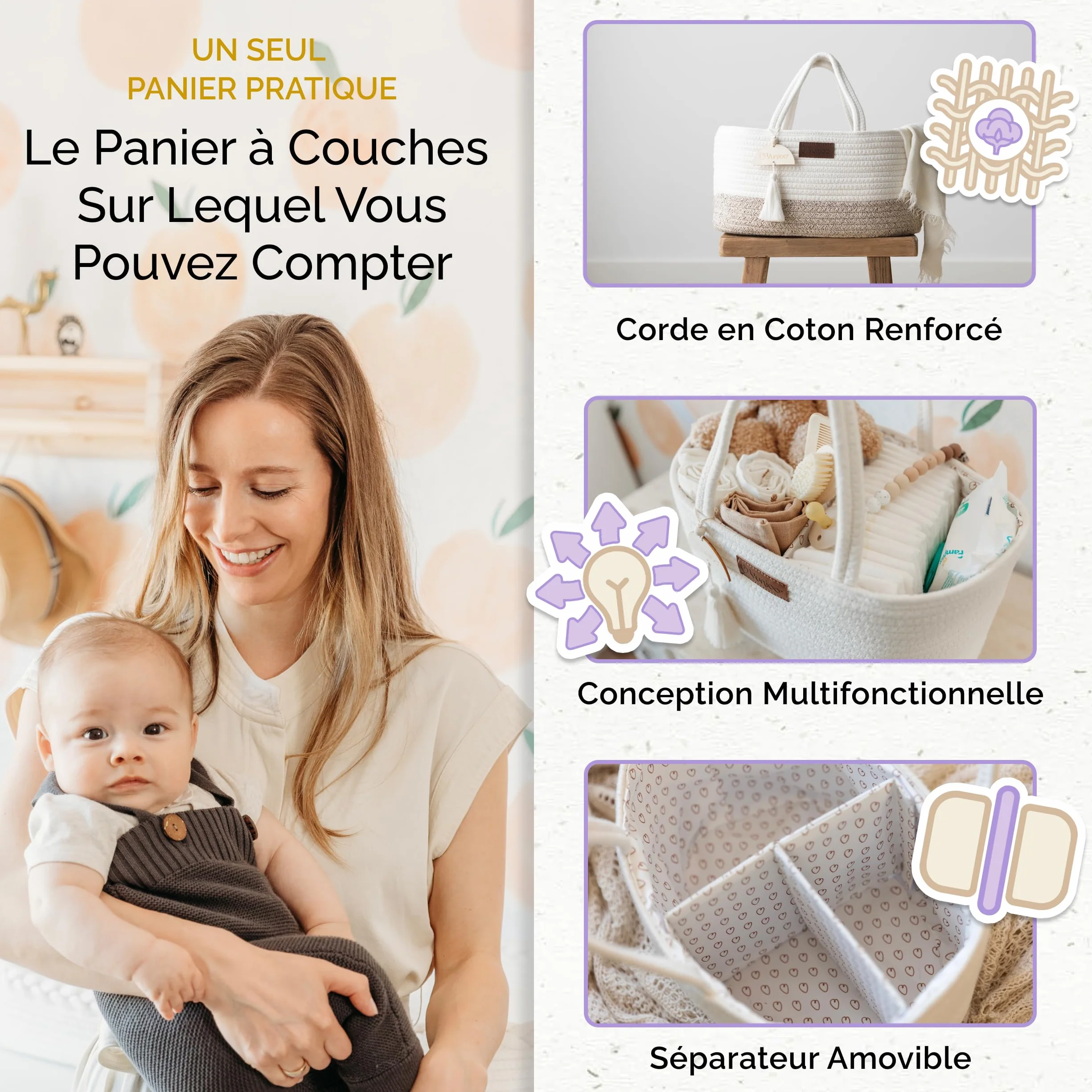 Yunioo Organisateur de panier à couches pour bébé│Sac à langer│Panier de rangement pour couches│Organisateur de jouets│Panier à langer