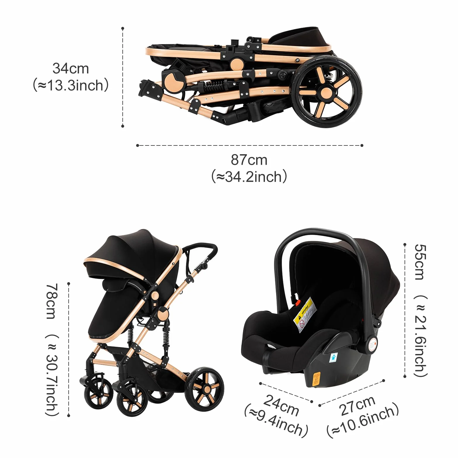 Poussette 3 en 1 Haute Vue Pliante Aluminium Système Voyage Bébé Noir Doré