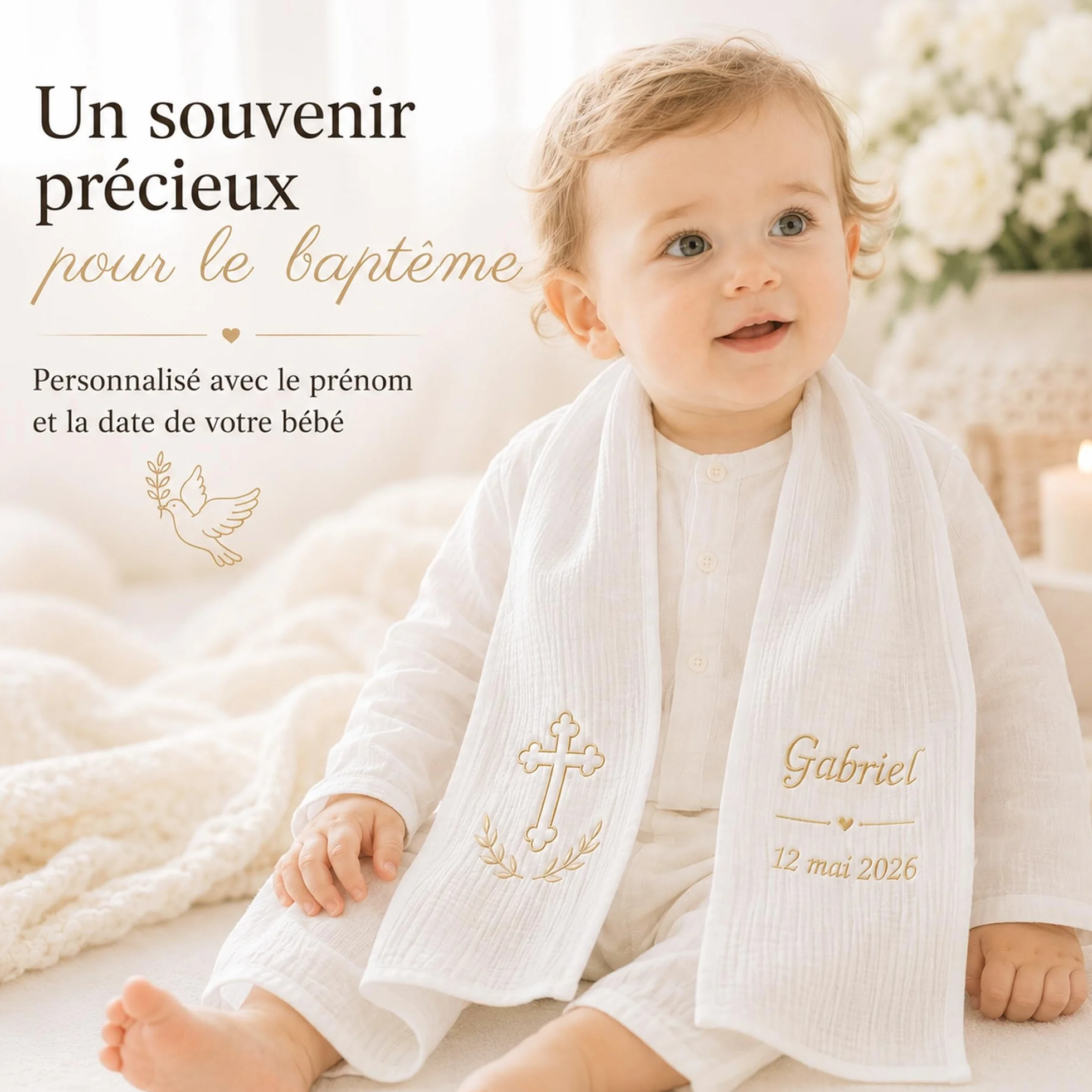 Écharpe de Baptême Personnalisée Bébé Double Gaze de Coton Brodée Prénom Date Blanche Douce Légère Cadeau Coffret