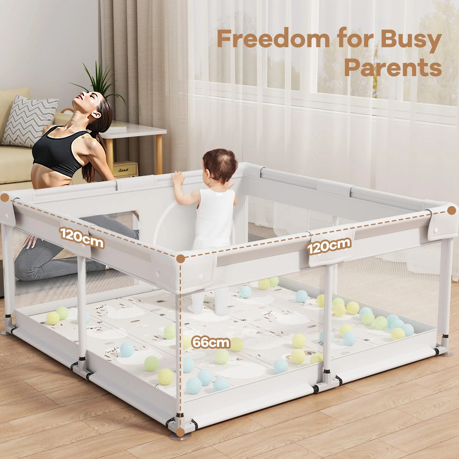 Parc bébé avec matelas 120 x 120 cm, filet respirant 4 côtés et ventouses