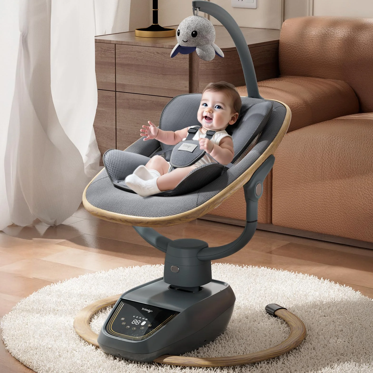 Balançoire bébé électrique 180° réglable 3D avec télécommande 5 modes 4 vitesses 0-12 mois bois