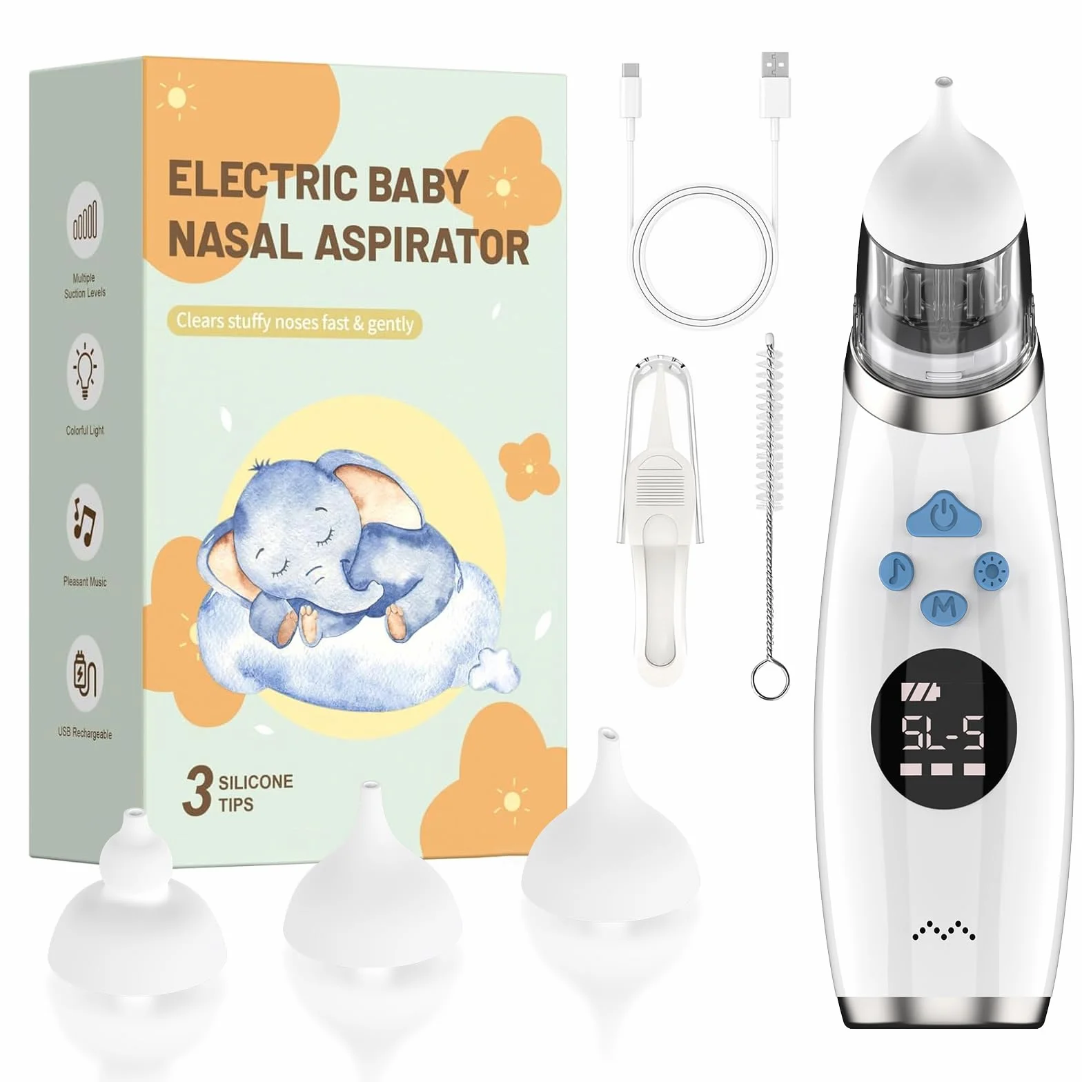 Mouche Bebe Electrique, Mouche Nez Bébé 5 Niveaux Aspiration 3 Tailles Embout Musique Lumière LED Portable