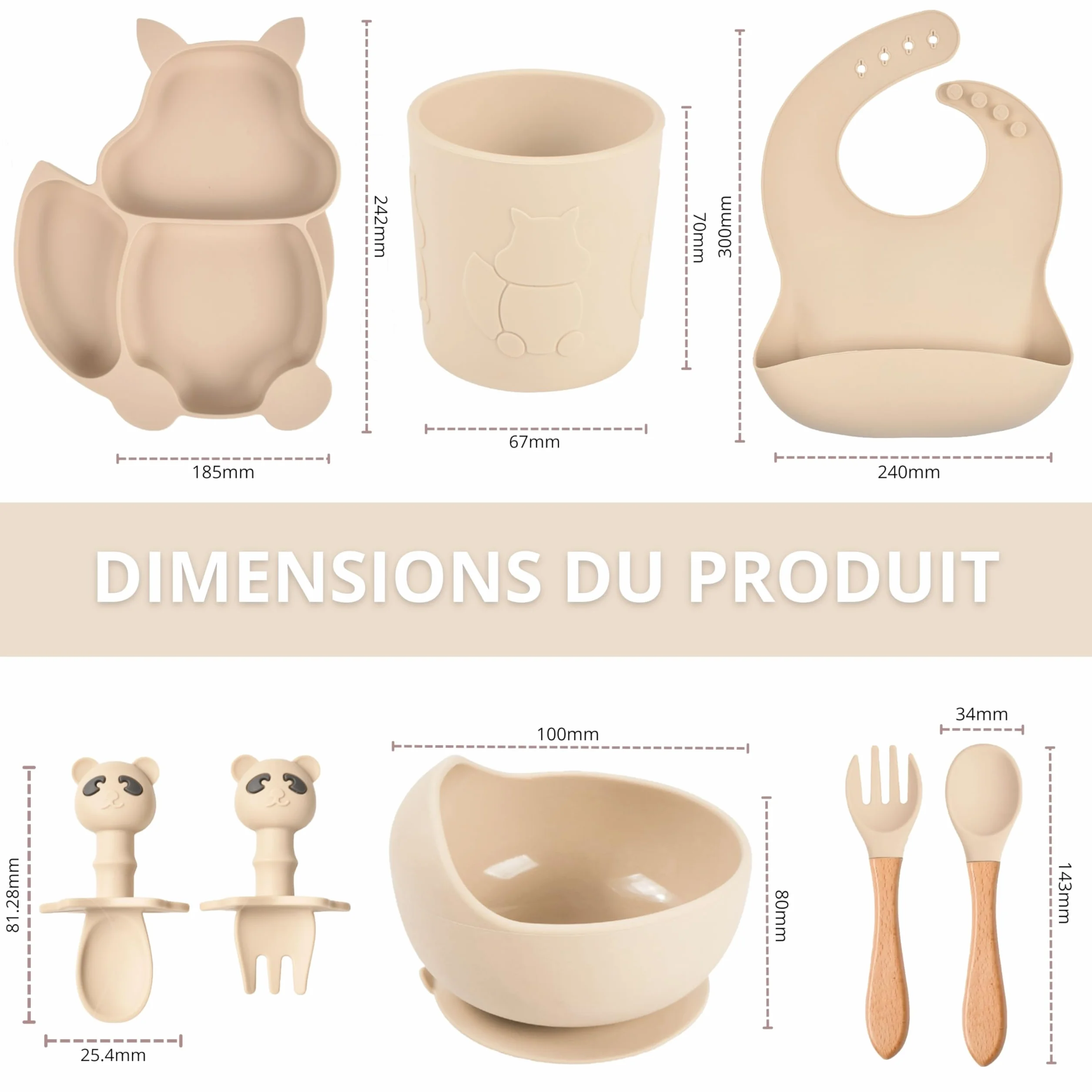 TudoBem Coffret Repas Bebe Accessoire 8 Pièces Set Vaisselle Bebe 1er age Assiette Bebe Bol Ventouse Bébé Cadeau Bebe Garcon Vaisselle Enfant Complete Beige