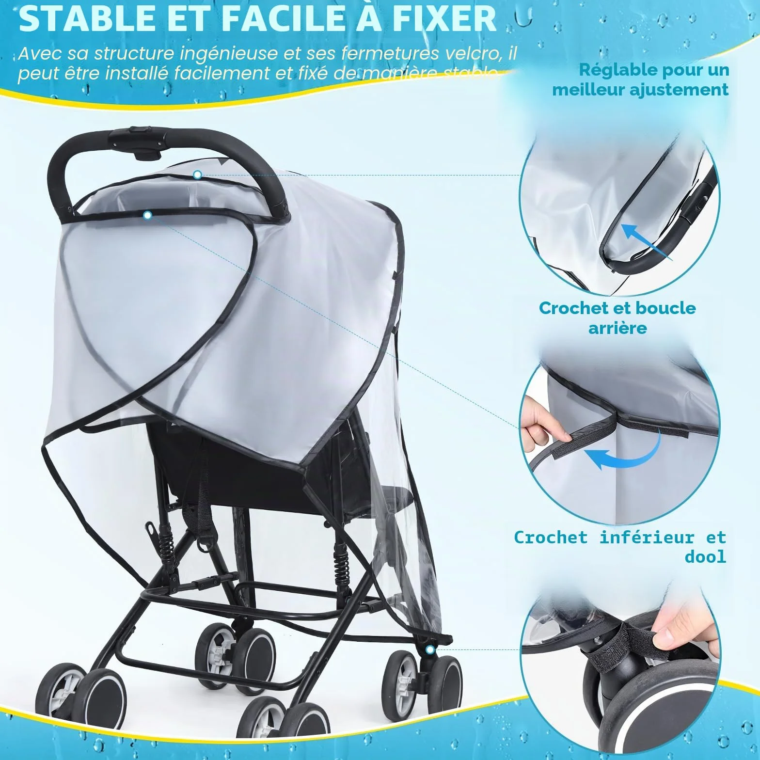 Habillage Pluie Universelle pour Poussette, Protection Pluie Transparente EVA avec Porte Enroulable
