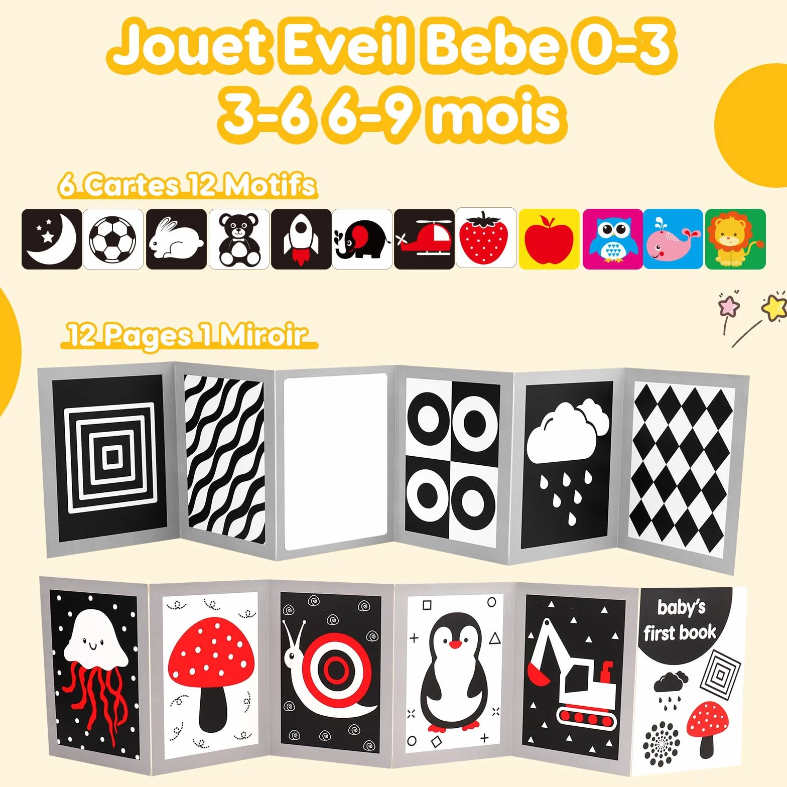 Livre Eveil Bebe 0-6 Mois Noir et Blanc Sensoriel avec Miroir Tummy Time, Carte Contraste Montessori Jeux d’eveil Jouet Cadeau Naissance