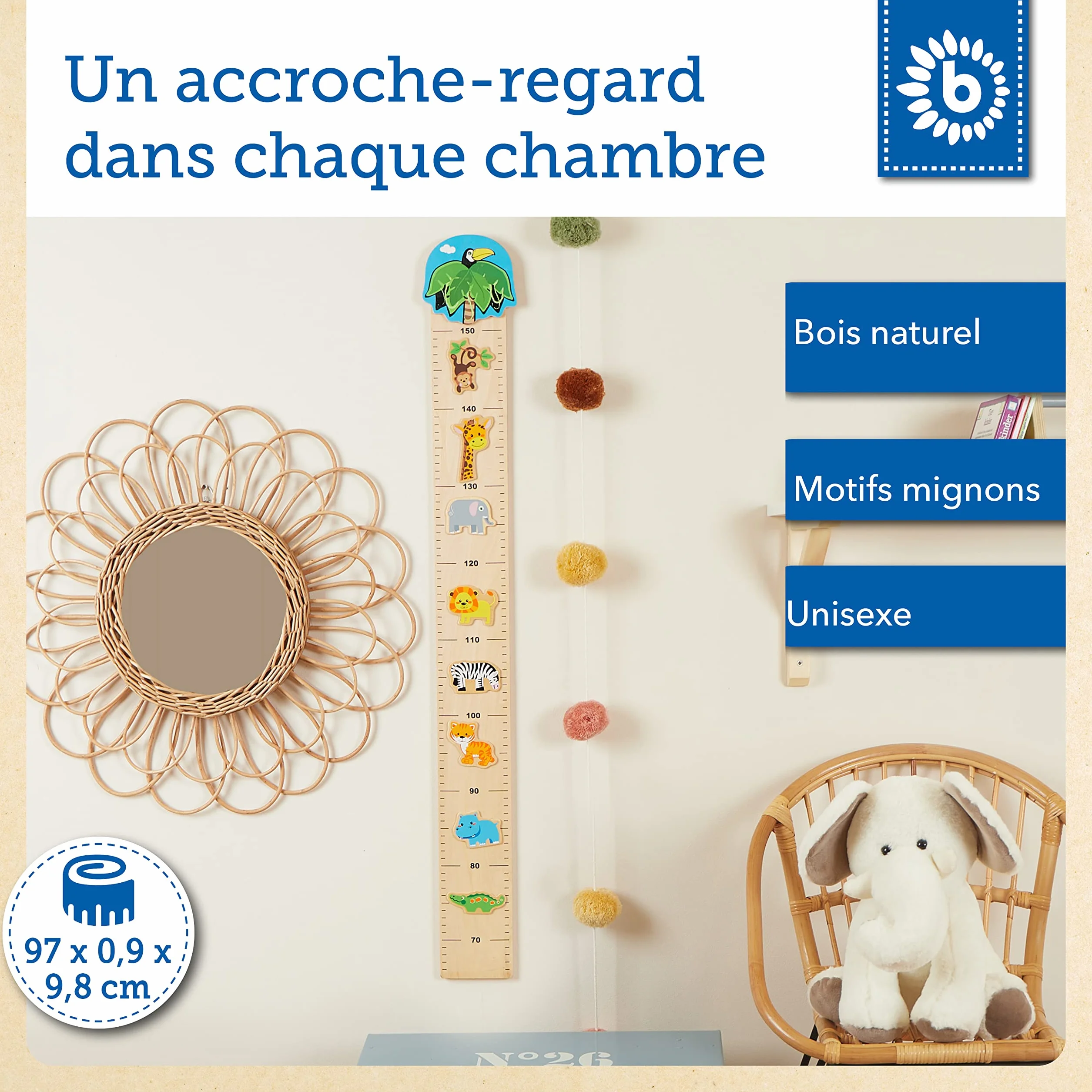 Bieco Toise Murale Enfant Bois Zoo échelle 0,65-1,5m Décoration Chambre Enfant