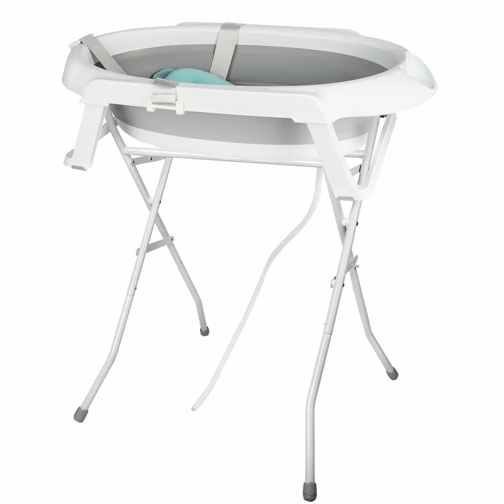 Baignoire Bébé Pliable XXL 2 en 1 sur Pied avec Support, Coussin, Drainage pour Nouveau-nés et Tout-petits (Gris)