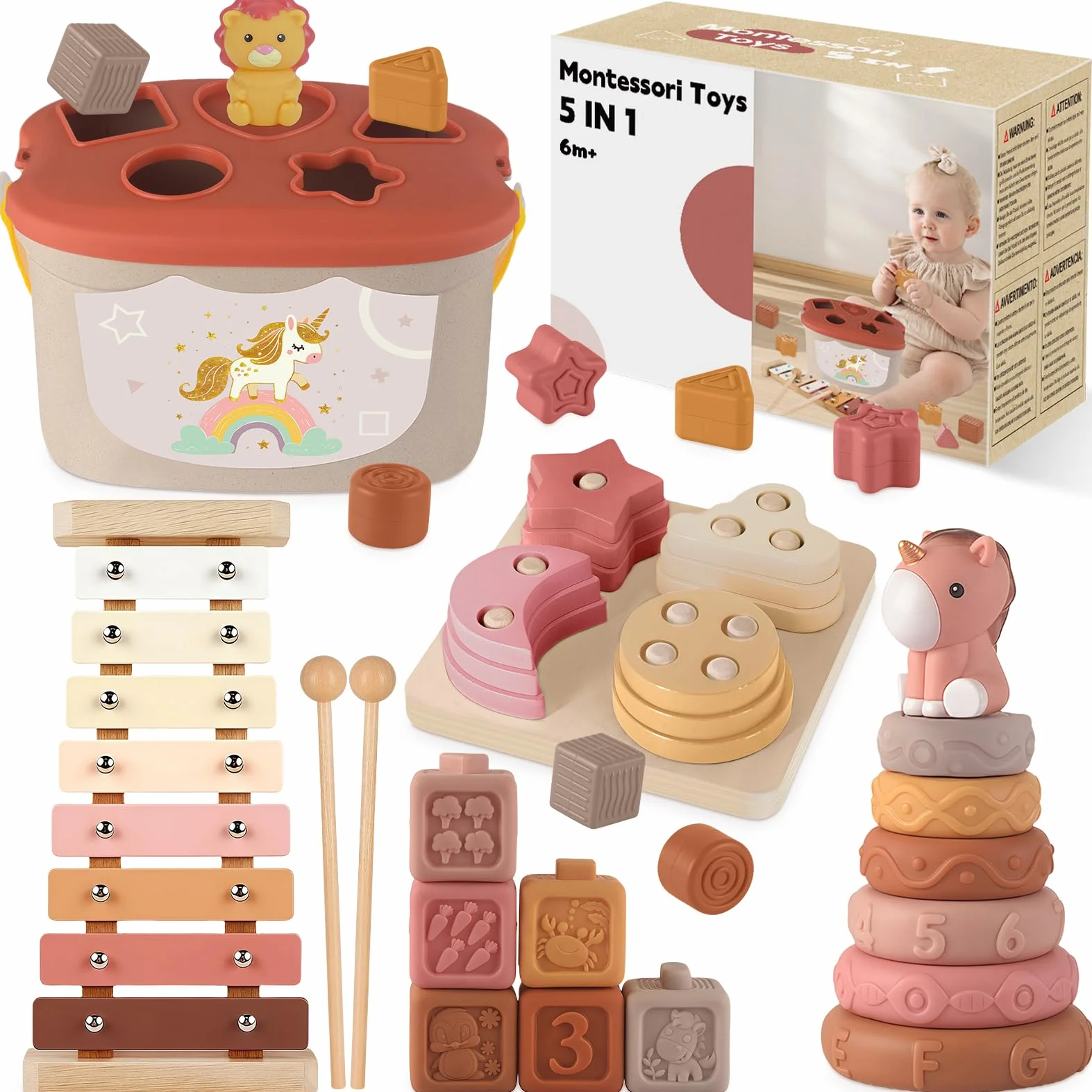 Jouet Montessori Bébé 6-12 Mois 5-en-1 Xylophone en Bois Cubes à Empiler Trieur de Formes Jouet Sensoriel Éducatif