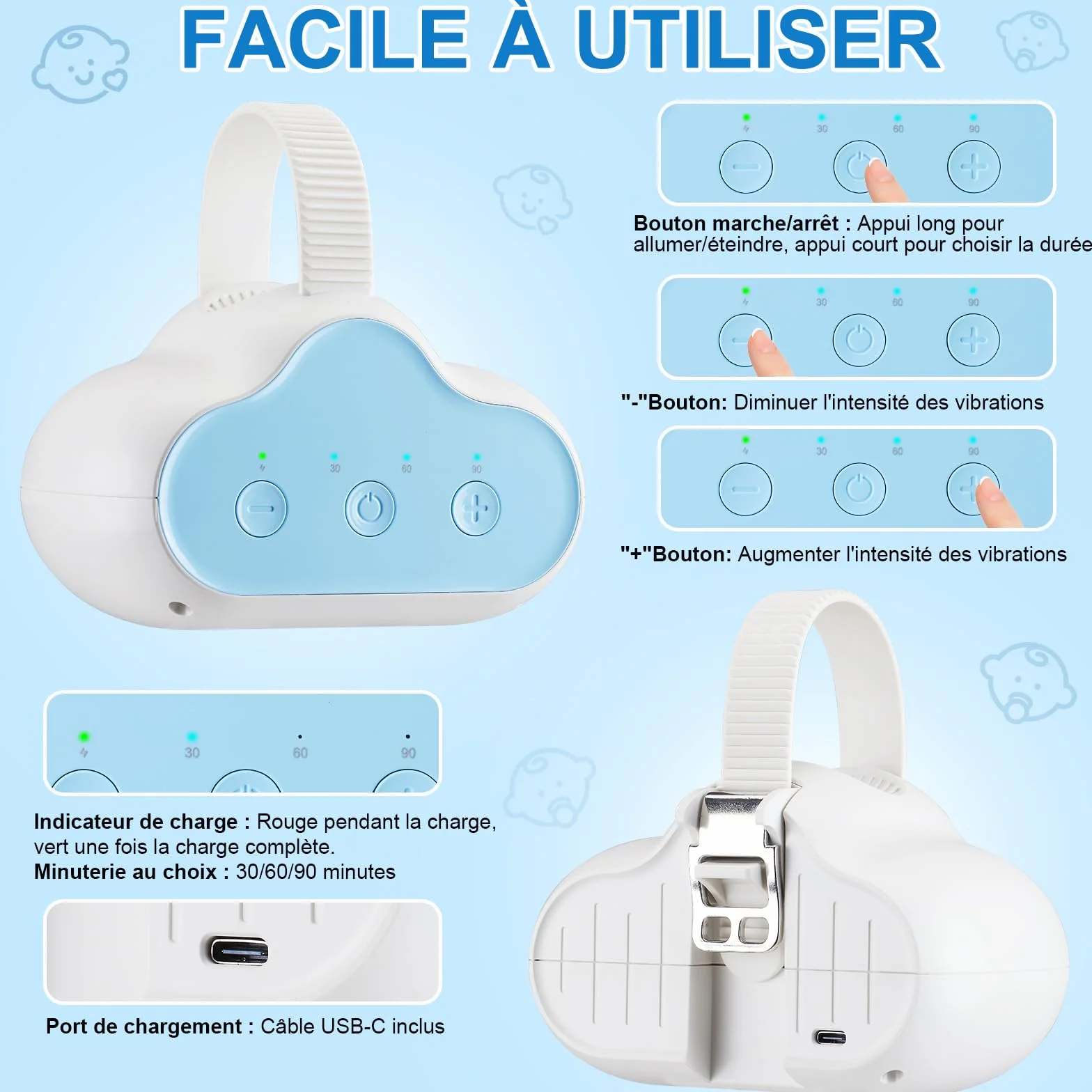 Bercement Poussette Baby Rocker avec 3 Intensités de Balancement Réglables et Minuterie 30/60/90 Minutes Bleu