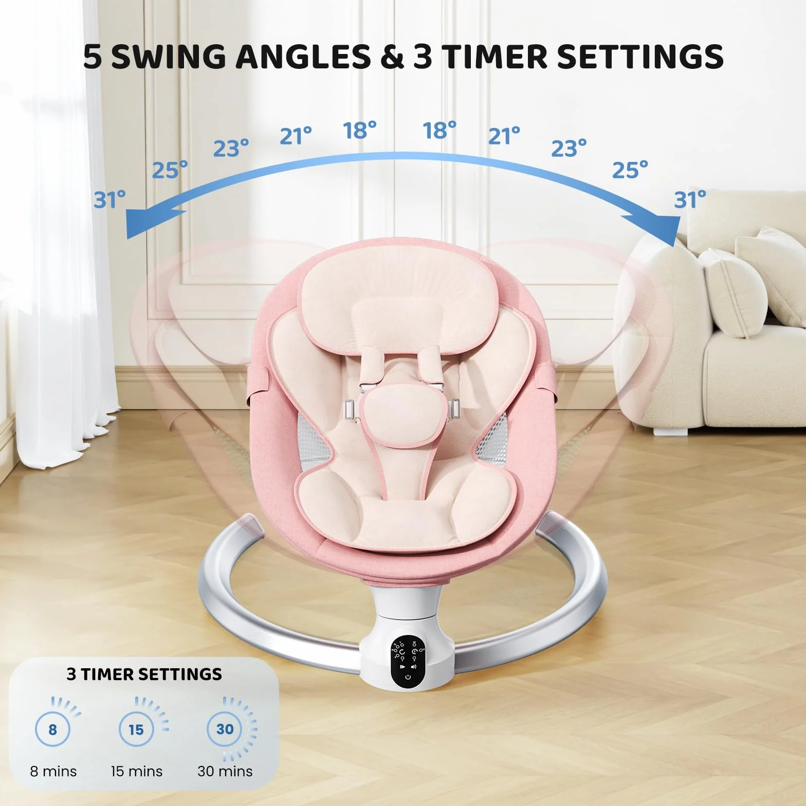 Transat Bébé Électrique avec APP & Télécommande, 3 Minuteries, 5 Vitesses, 10 Musiques, Bluetooth