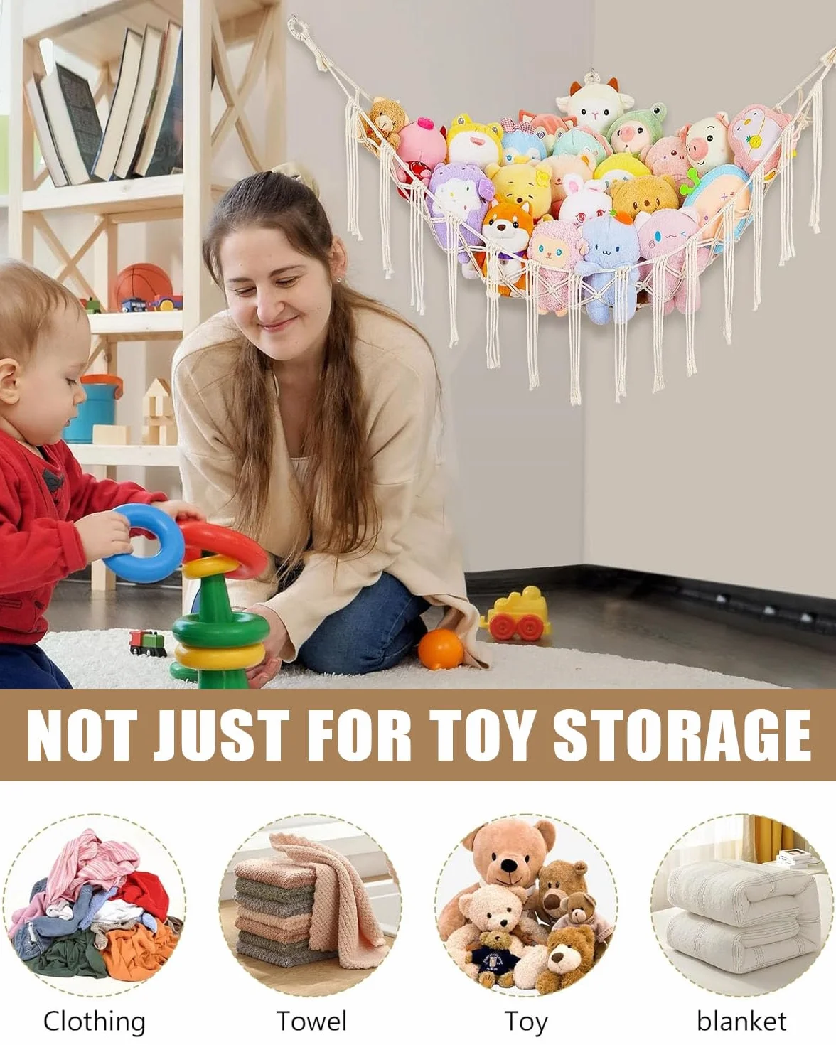 Hamac pour animaux en peluche Rangement de jouets Filet avec 3 crochets Décoration murale chambre d'enfant