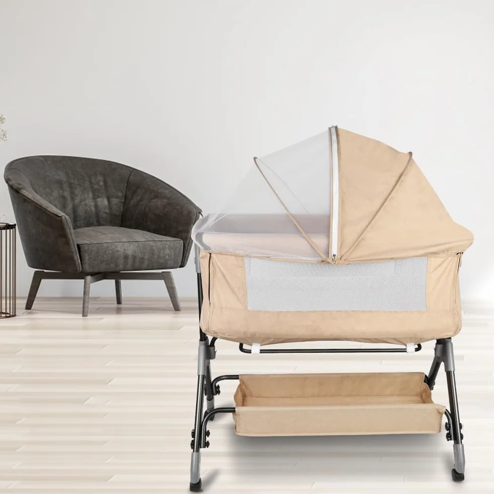 HUOLE Lit Cododo Bebe 4 Niveaux Couffin Dormir Securite Portable Plier Nouveau-ne 104x52x100-110 cm Blanc casse