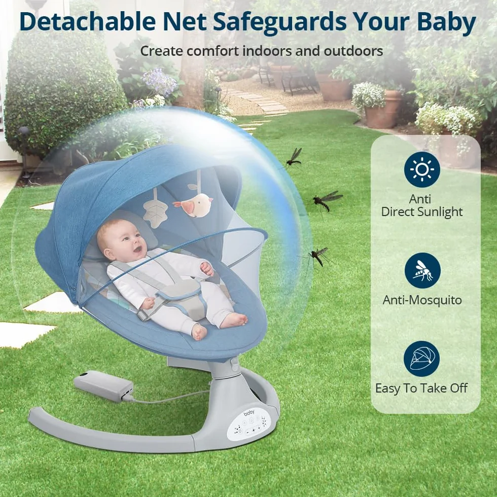 Bioby Balancelle Bebe Electrique Transat Bebe Harnais 5 Points 5 Modes Balancement Pliable Bluetooth Telecommande Bleu