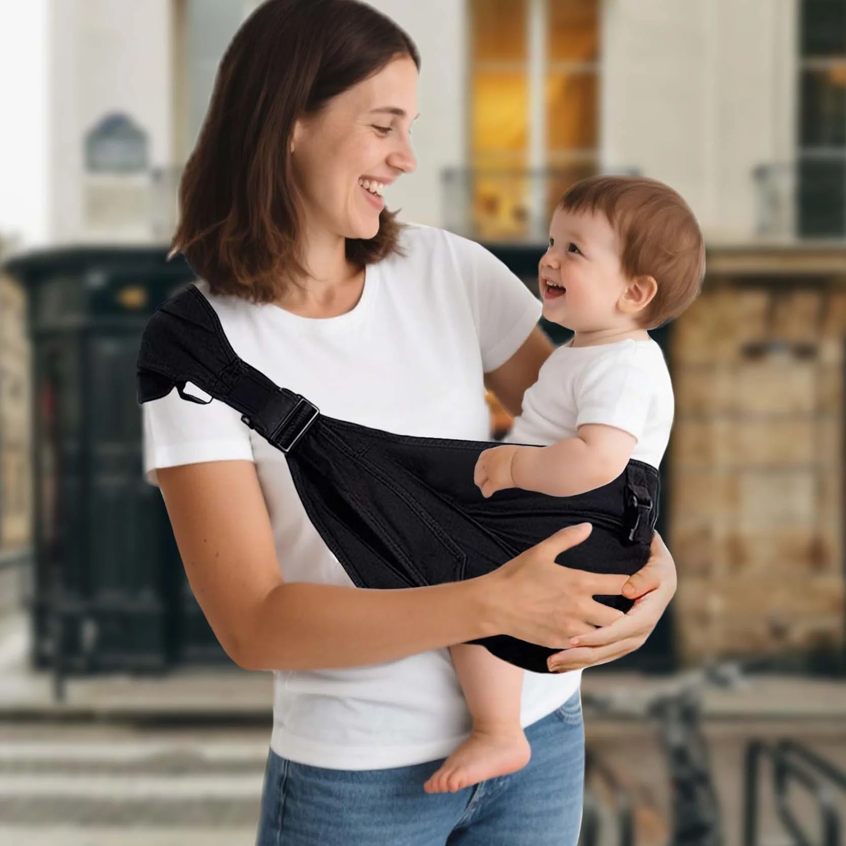 Écharpe de Portage Bébé Porte-bébé Latéral Ergonomique Certifié ASTM 0-36 Mois Noir