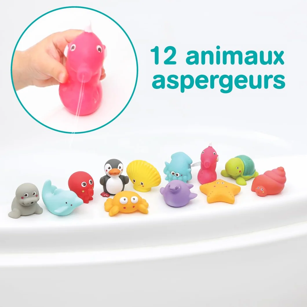 LUDI 12 Animaux Marins en Plastique Jouet Bain Aspergeurs Sac Rangement Inclus Dès 6 Mois