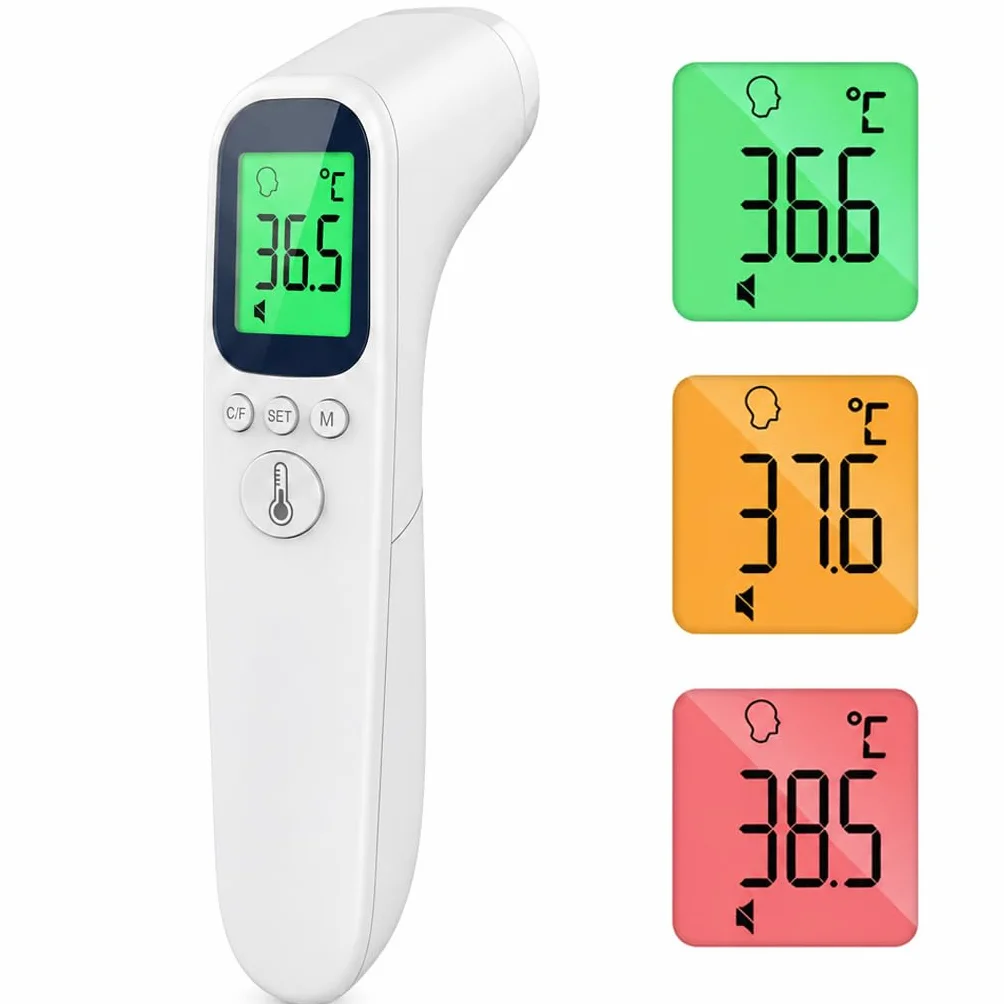 Thermomètre Frontal Sans Contact Infrarouge Médical Numérique pour Bébé Enfant Adulte Écran LCD Rétroéclairé 3 Couleurs Alarme Fièvre