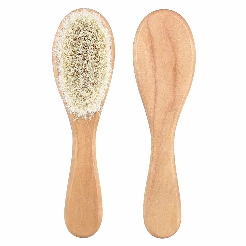 Peigne en cheveux de chèvre doux massage tête bébé manche bois