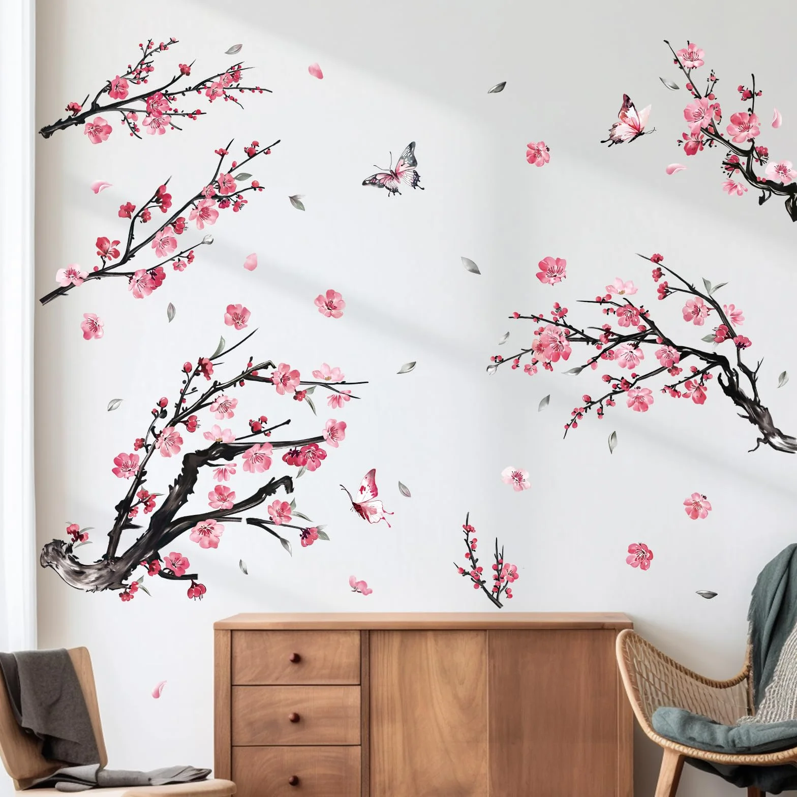 Decalmile Stickers Muraux Branche de Fleurs Rose Autocollant Mural Décoration Murale Chambre Enfants Salon