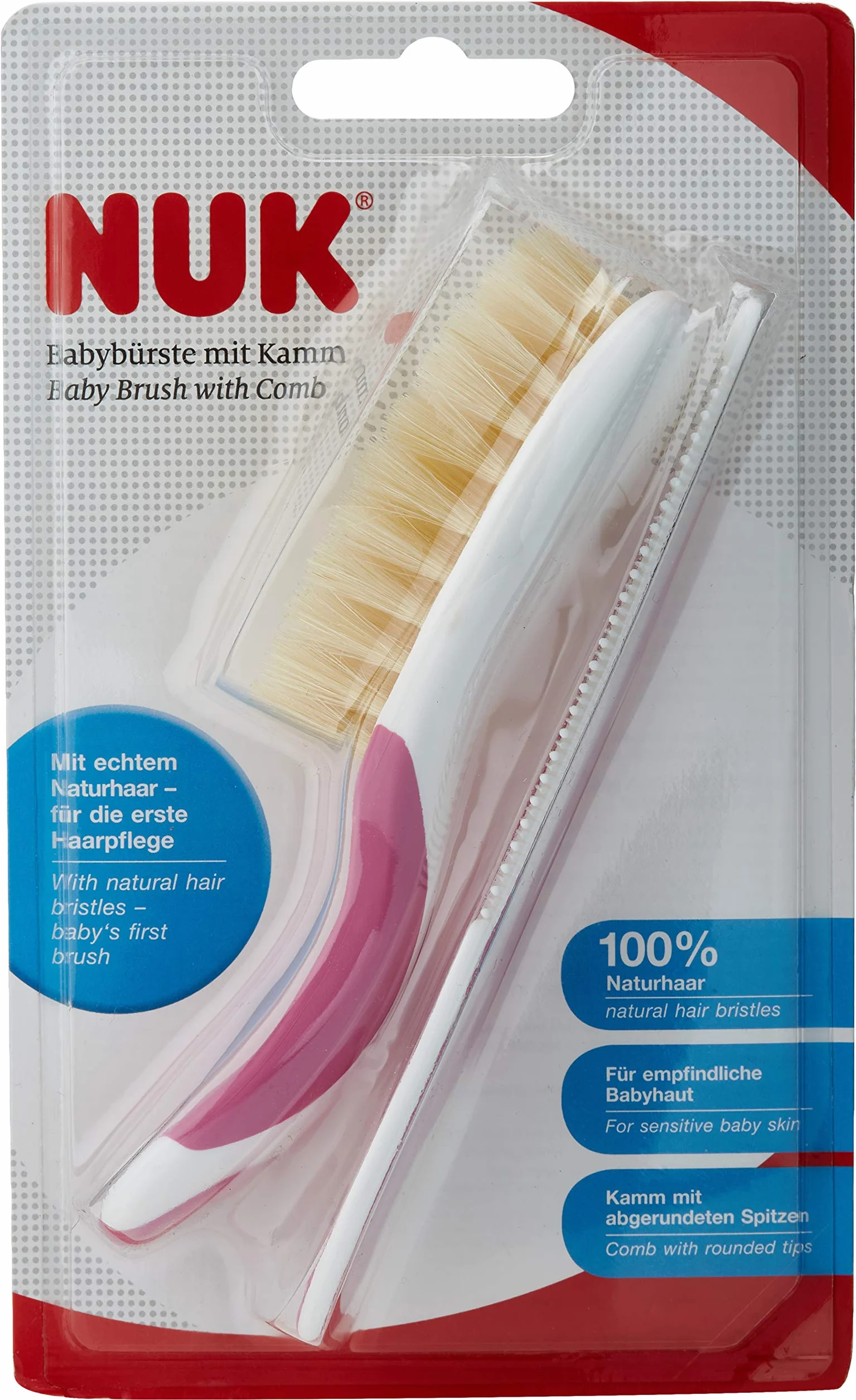 Nuk Brosse Bébé Poils Naturels Peigne Dents Arrondies Rose