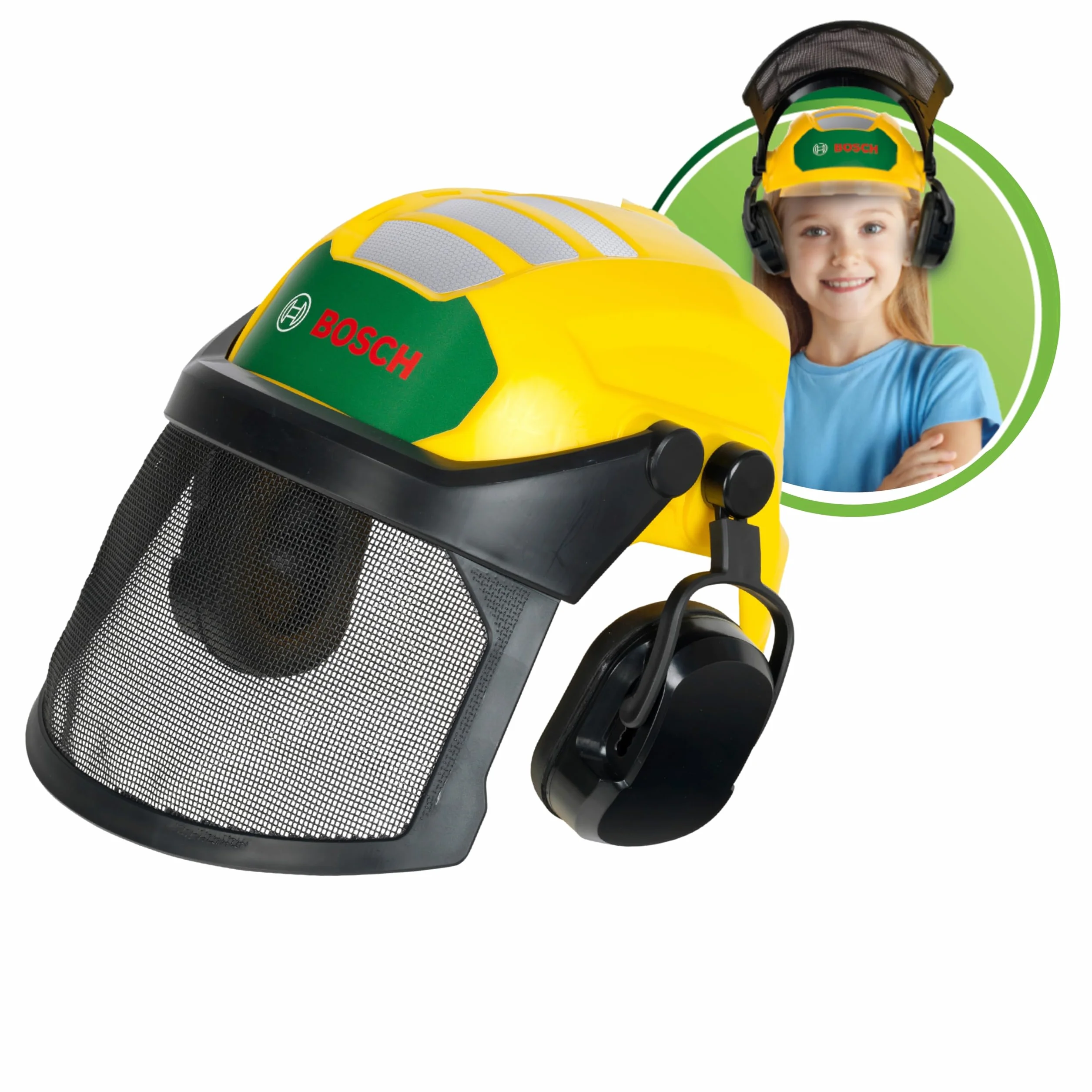 Theo Klein 8199 Bosch Casque de bûcheron pour enfants, Casque de jeu ajustable avec visière et protège-oreilles, Jouet sous licence officielle