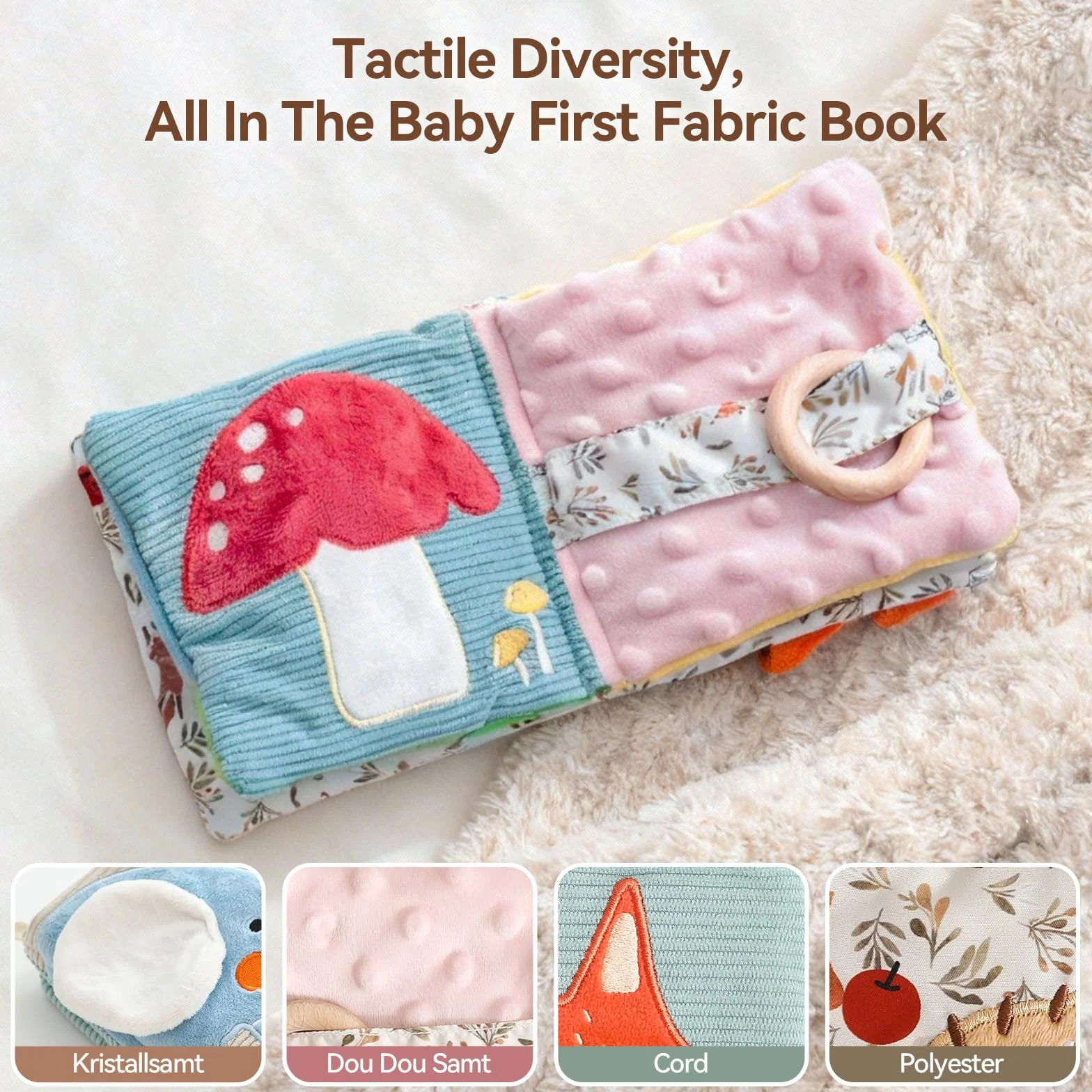 Livre de bébé en tissu avec miroir sensoriel crépitant pour nouveau-né 0-6 mois