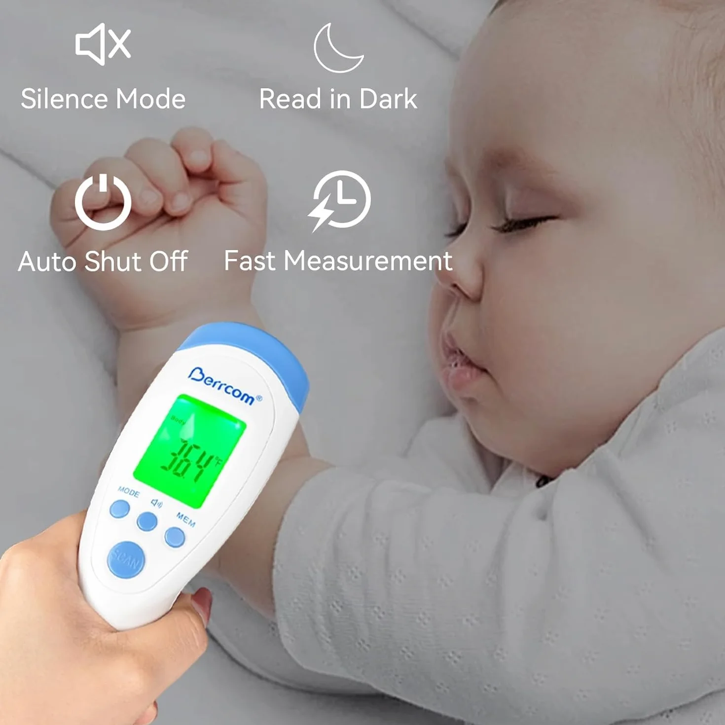 Berrcom Thermomètre infrarouge frontal sans contact avec alarme fièvre 3 couleurs °C/°F