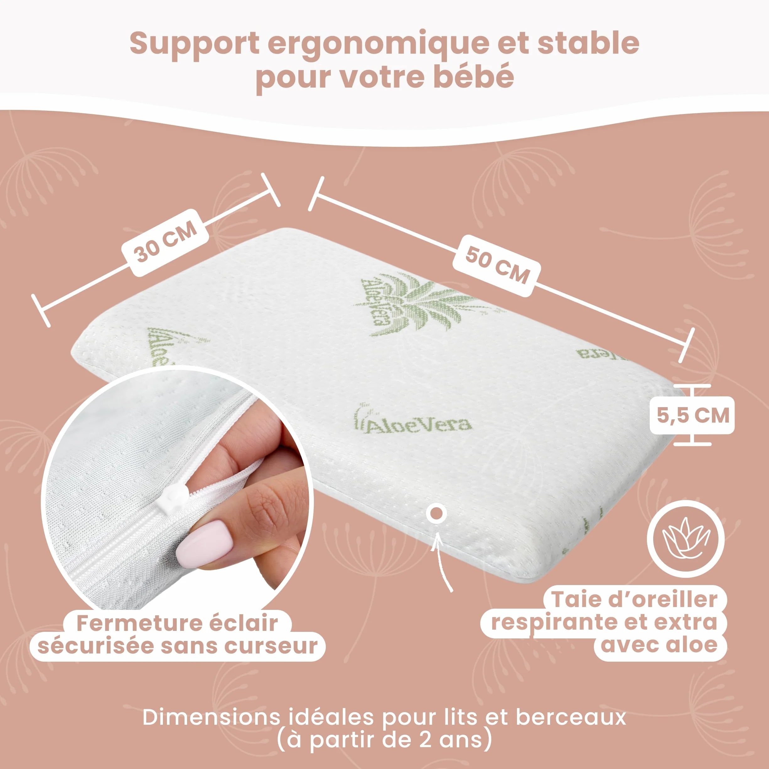 MIMUSELINA Oreiller Memoire Forme 50x30x5,5 cm pour Bébé et Enfants Anti-Étouffement Hypoallergénique
